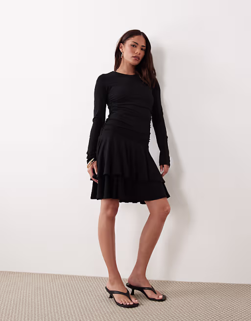 Nobody's Child Petite Yuki round neck drop waist ruched detail mini dress in black