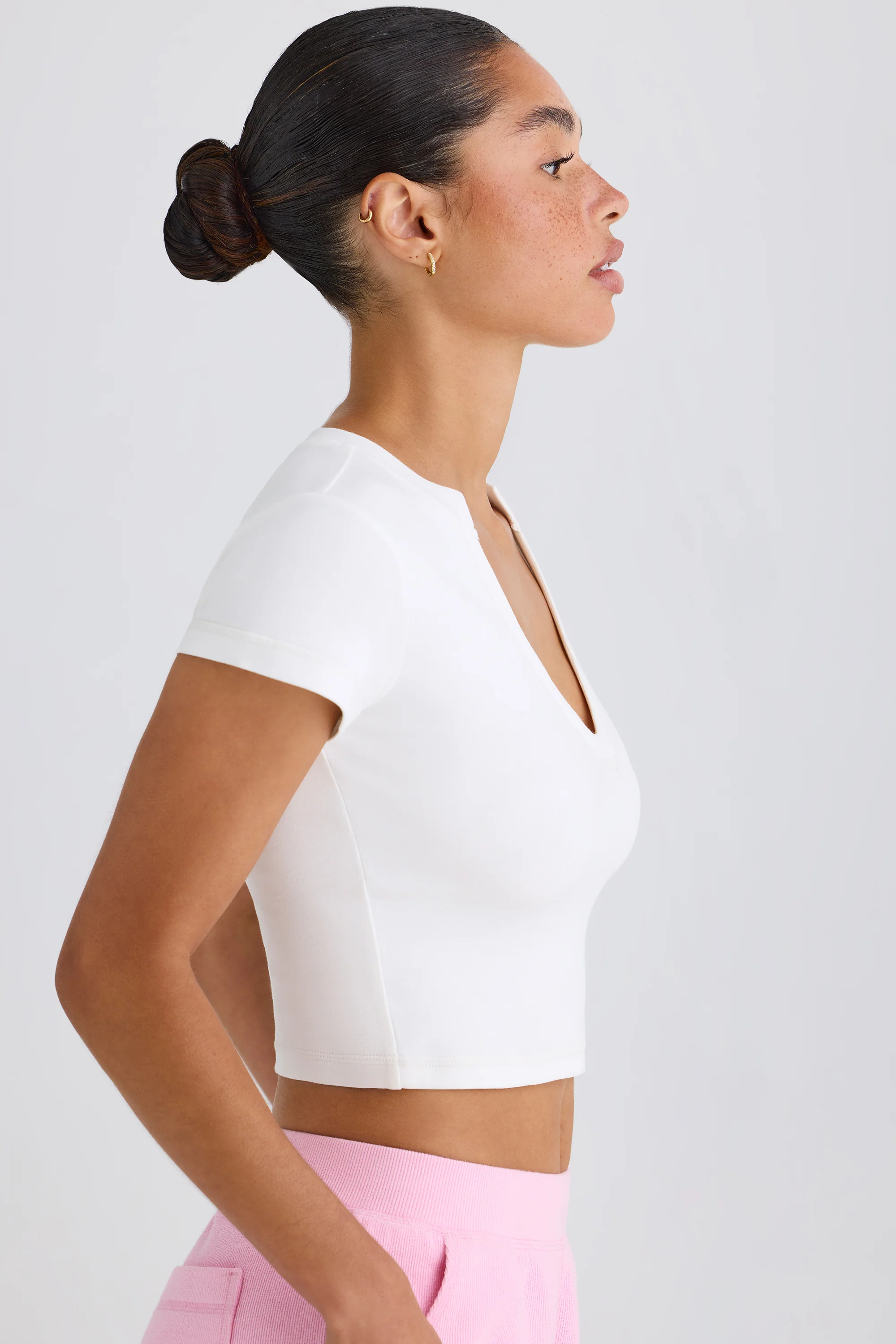 Stretch Cotton Jersey Graphic Print Cropped T-Shirt in White
