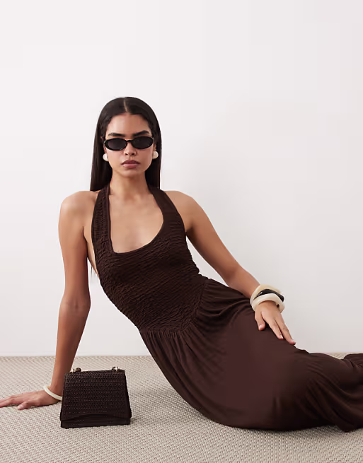 crinkle halterneck midi dress in chocolate