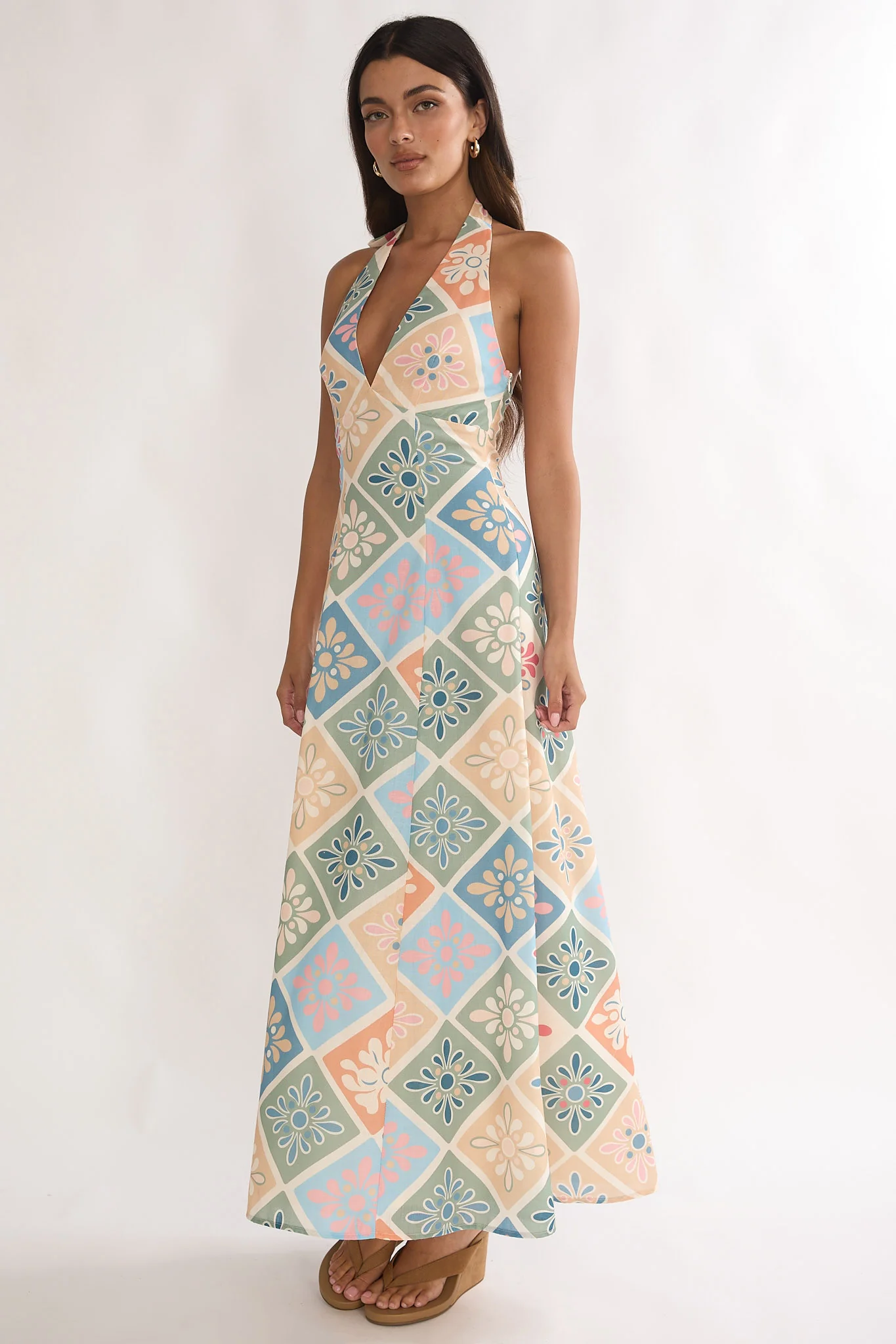 Nolara A-Line Halterneck Maxi Dress Green Multi