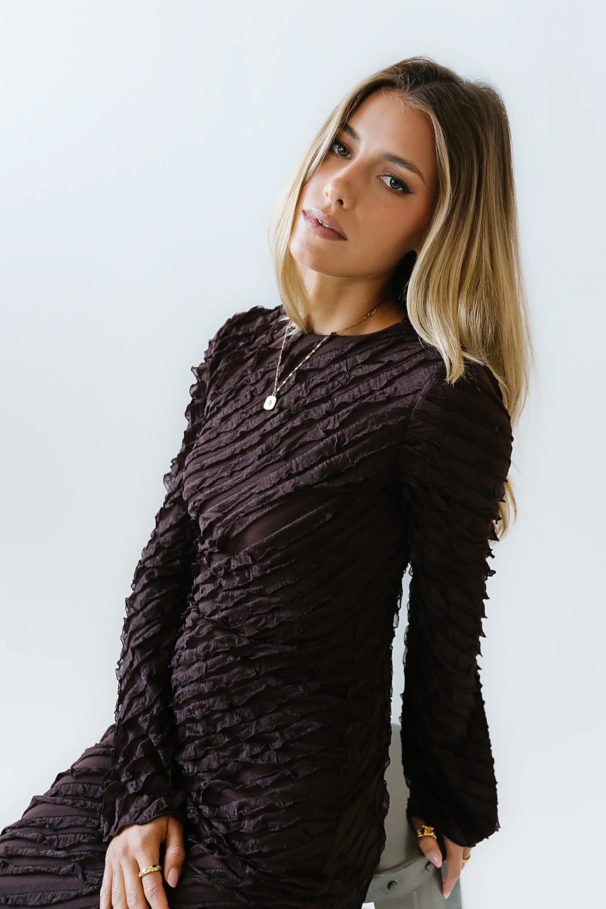 Bell Ruffle Maxi Dress in Brown
