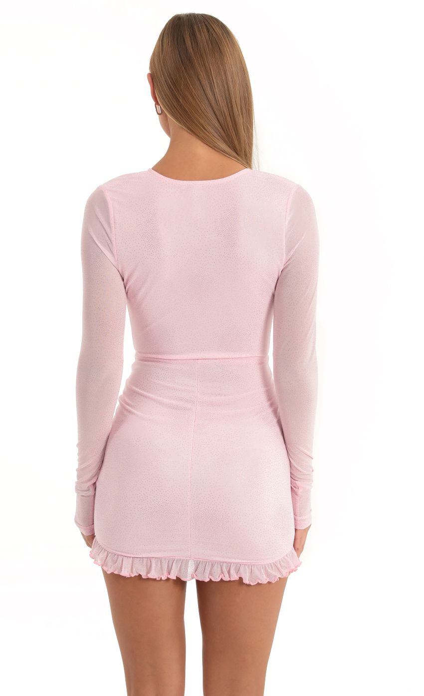 Glitter Mesh Plunging V-Neck Dress in Pink