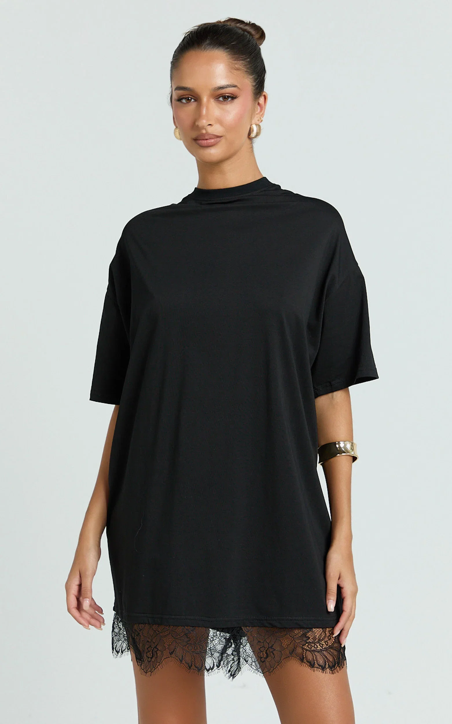 Rina Mini Dress - Mini Lace Trim Dress in Black