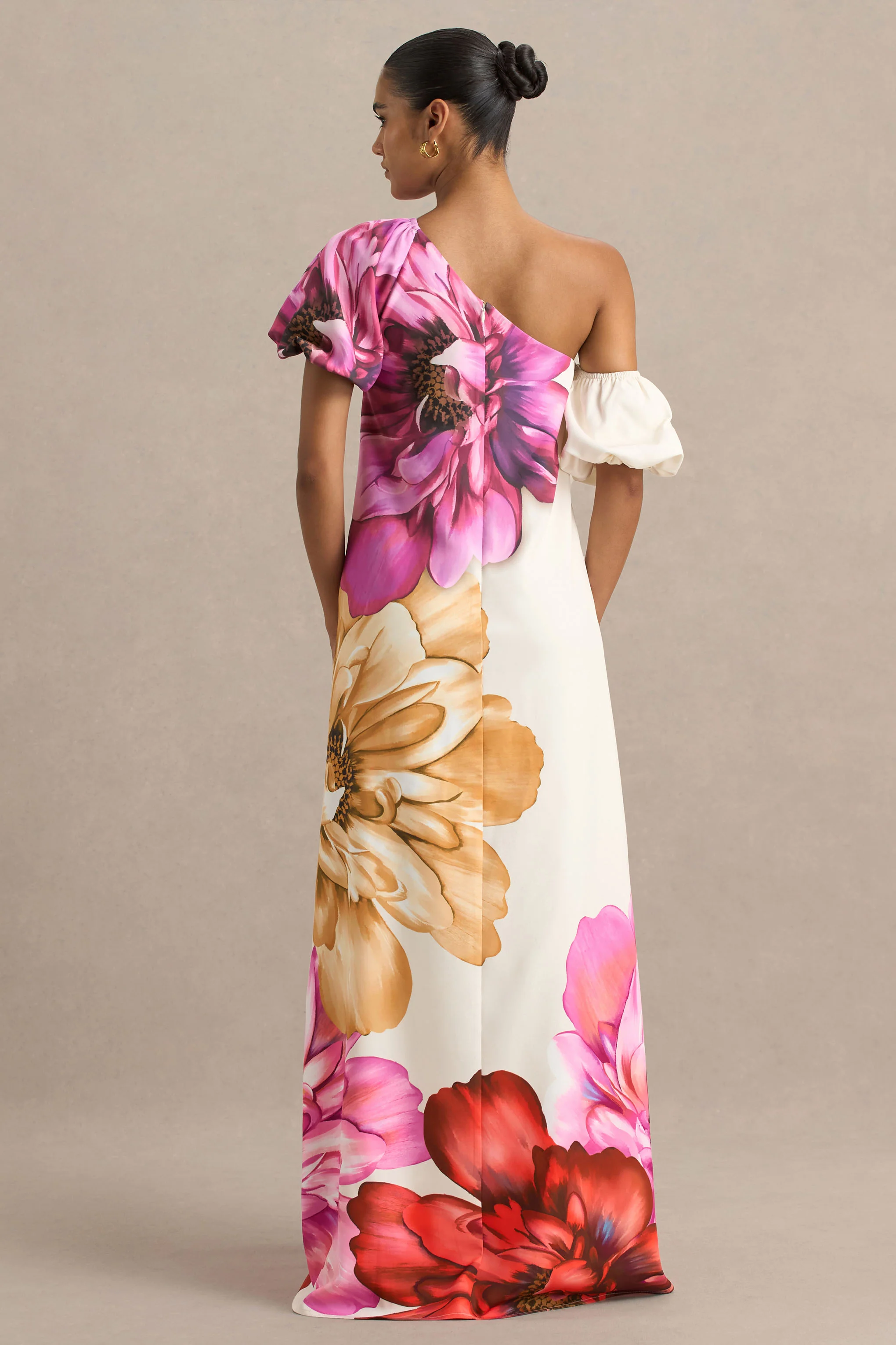 Anastasia | Large Multi-Floral Print Asymmetric-Neck Maxi Dress