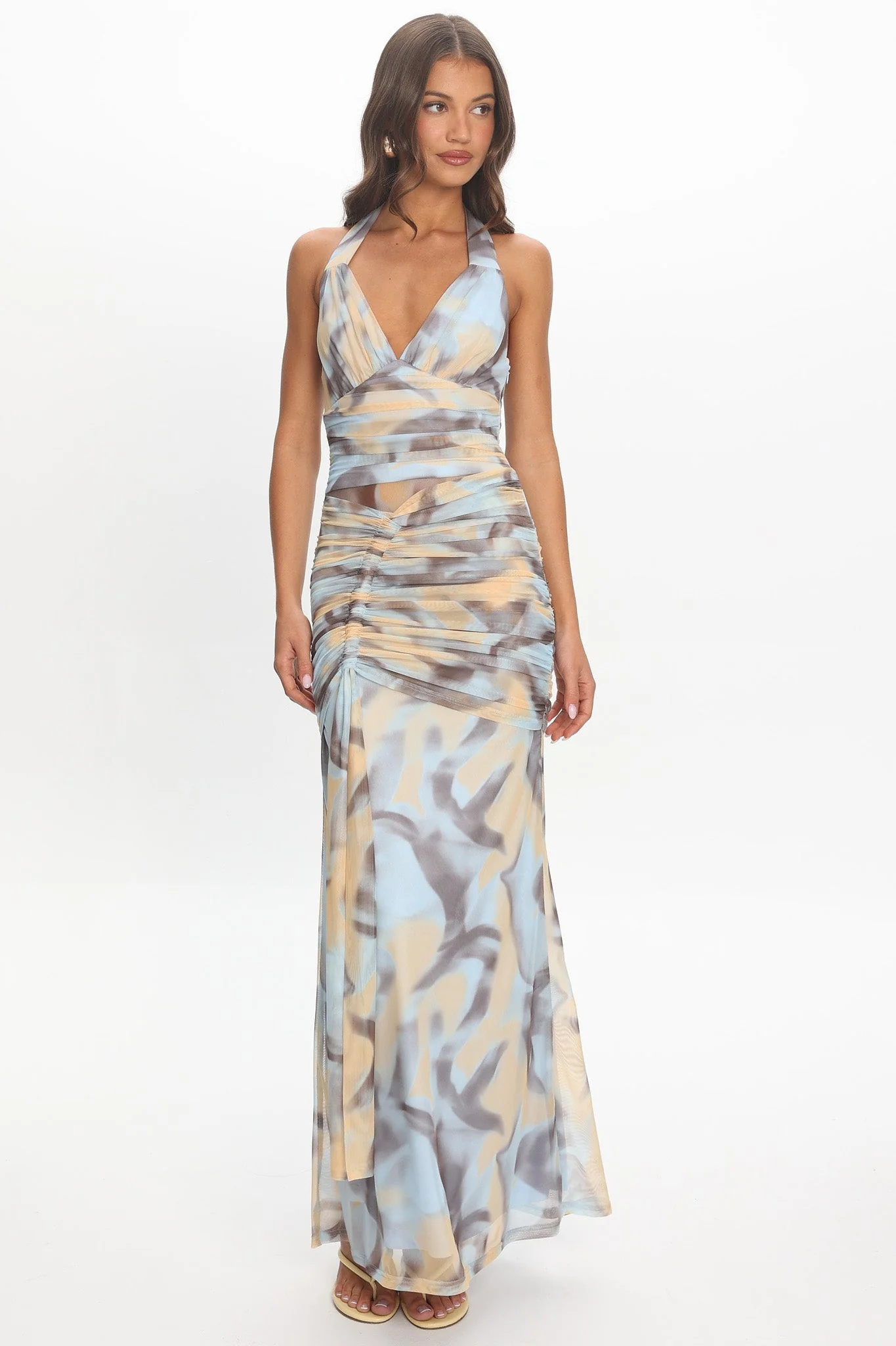Luli Ruched Halterneck Maxi Dress Abstract Light Blue