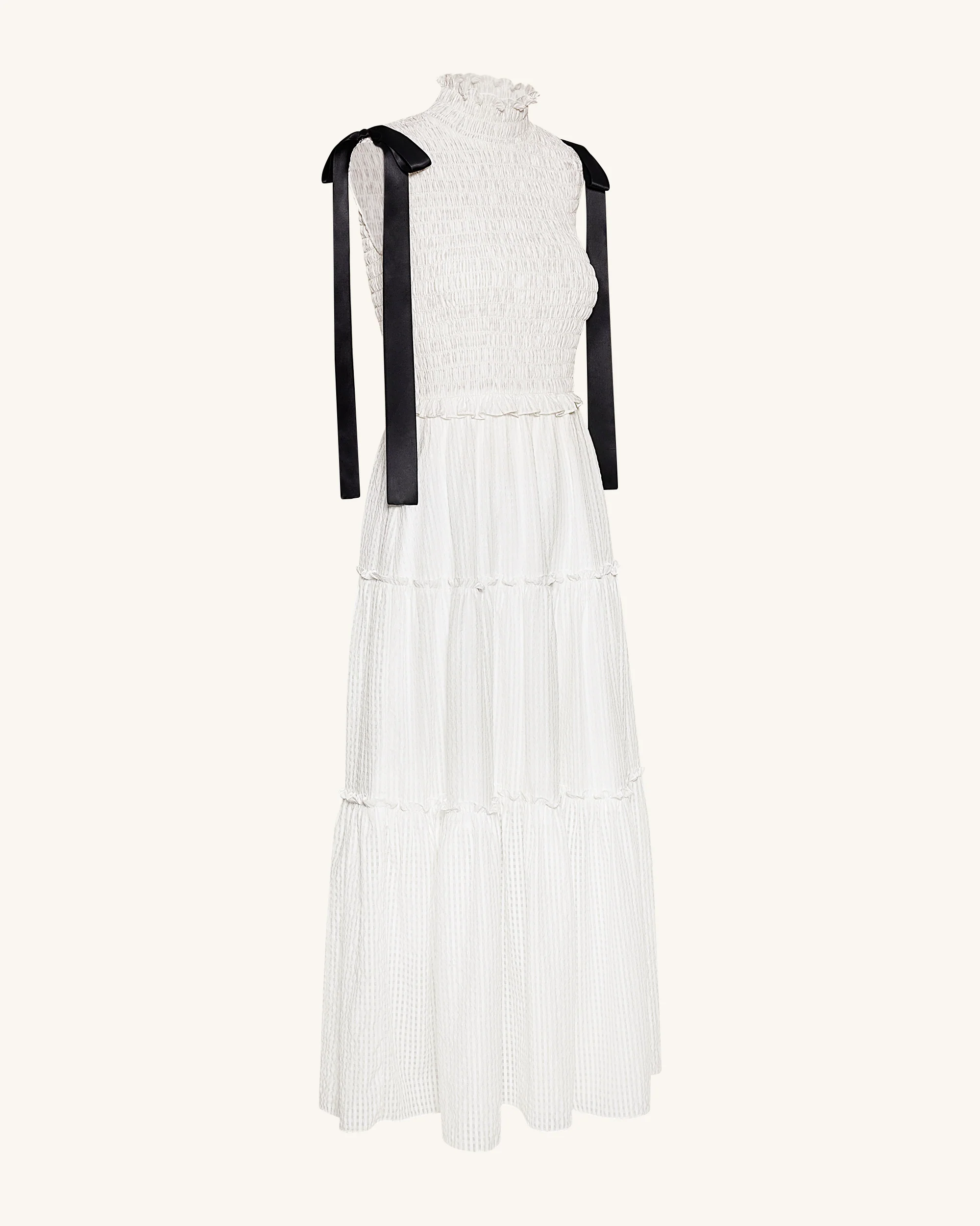 High-Neck Sleeveless Smocked Three-Tier Maxi Dress - White - FASHION NOB