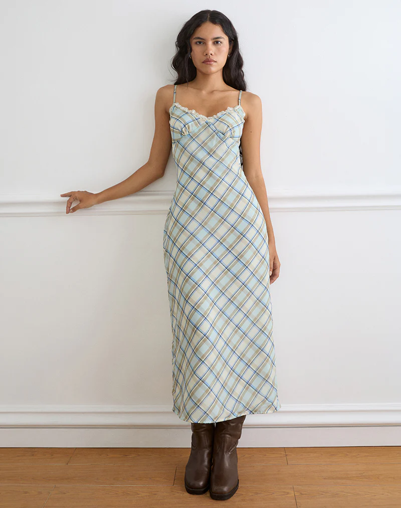 Naska Maxi Dress in Chiffon Vintage Blue Check