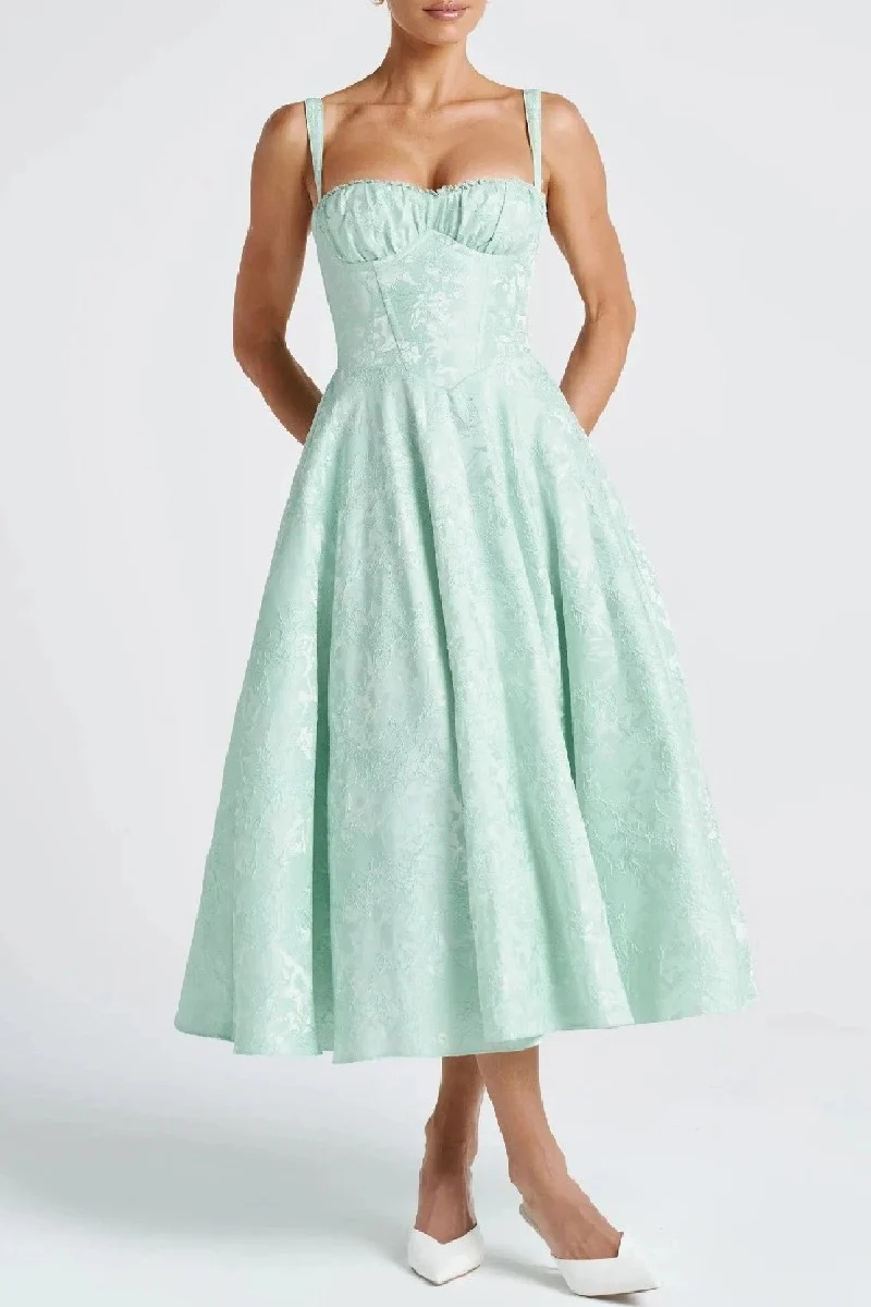 A-Line Tea Length Jacquard Satin Wedding Guest Dress 1038699395137