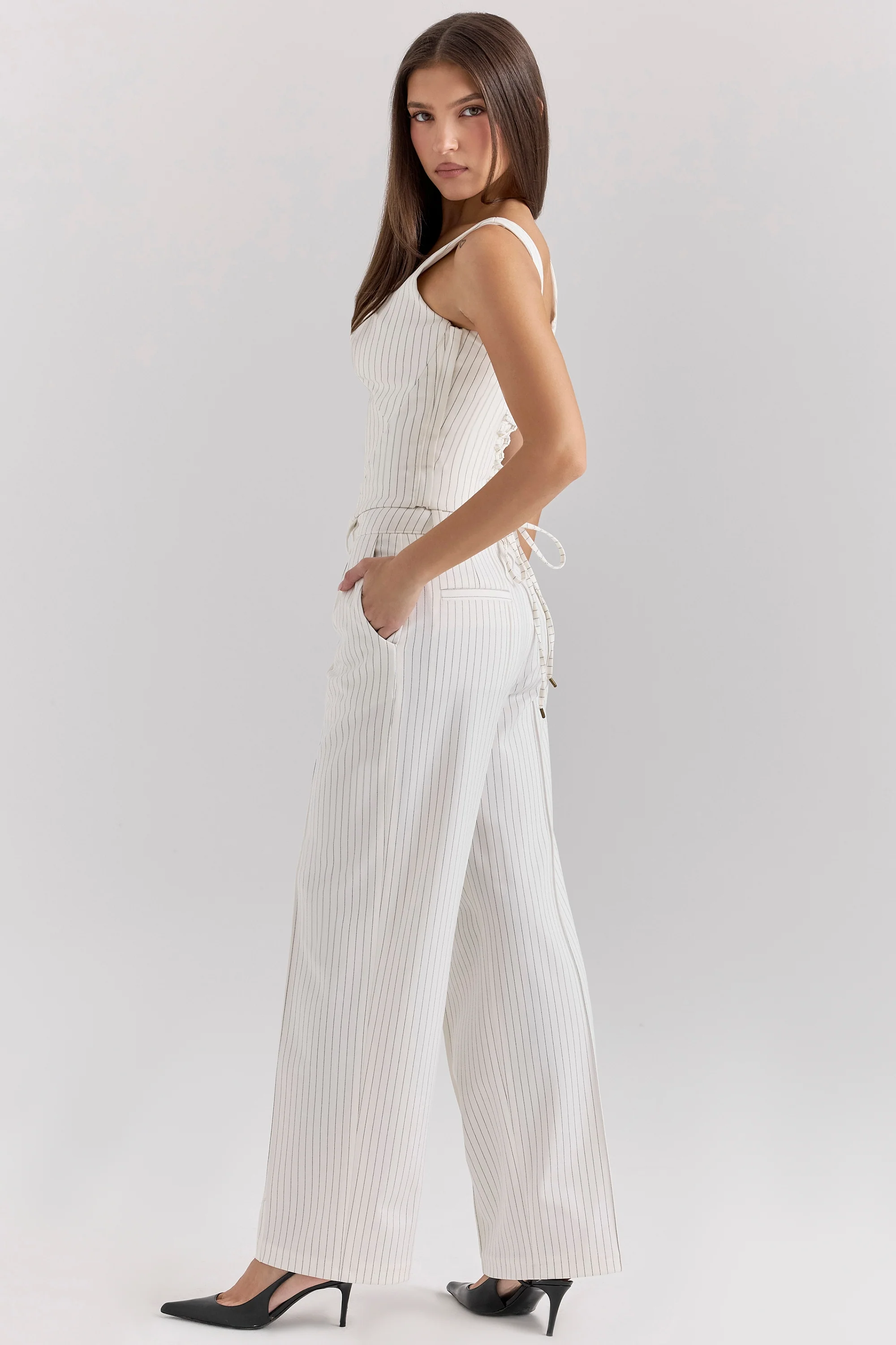 White Pinstripe High Waist Tailored Trousers