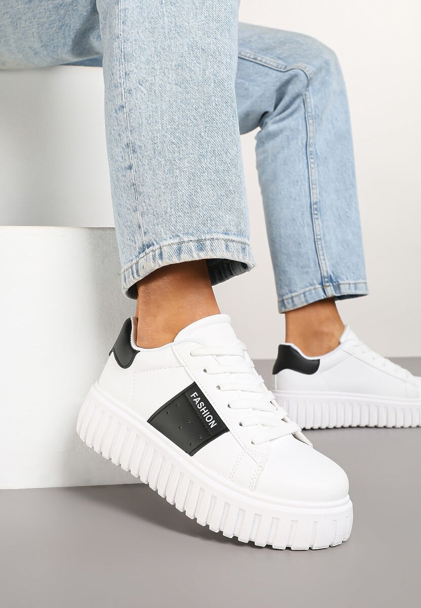 Białe Sneakersy na Tłoczonej Platformie Ozdobione Pasem Eleandelle