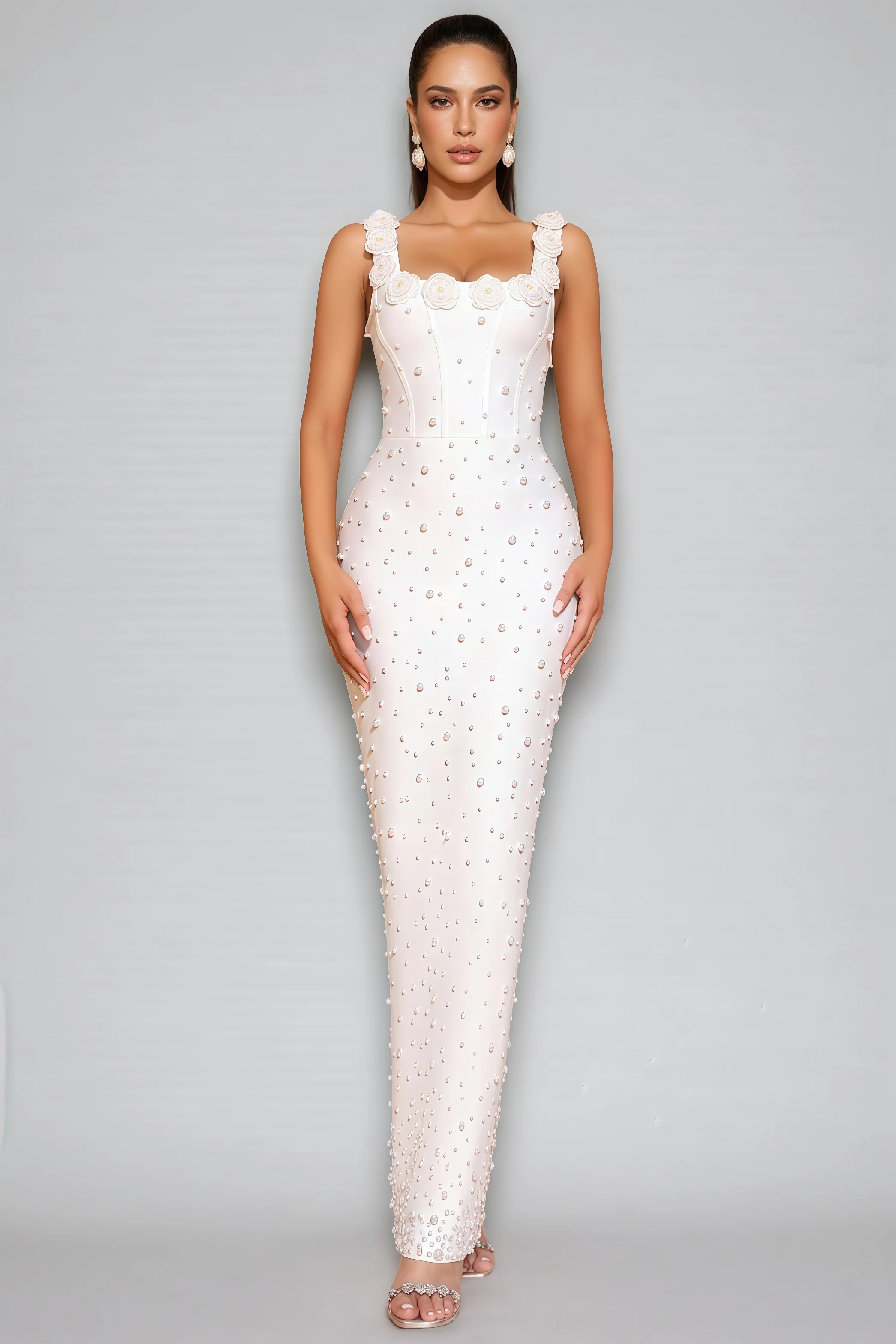 Maba White 3D Floral Maxi Dress