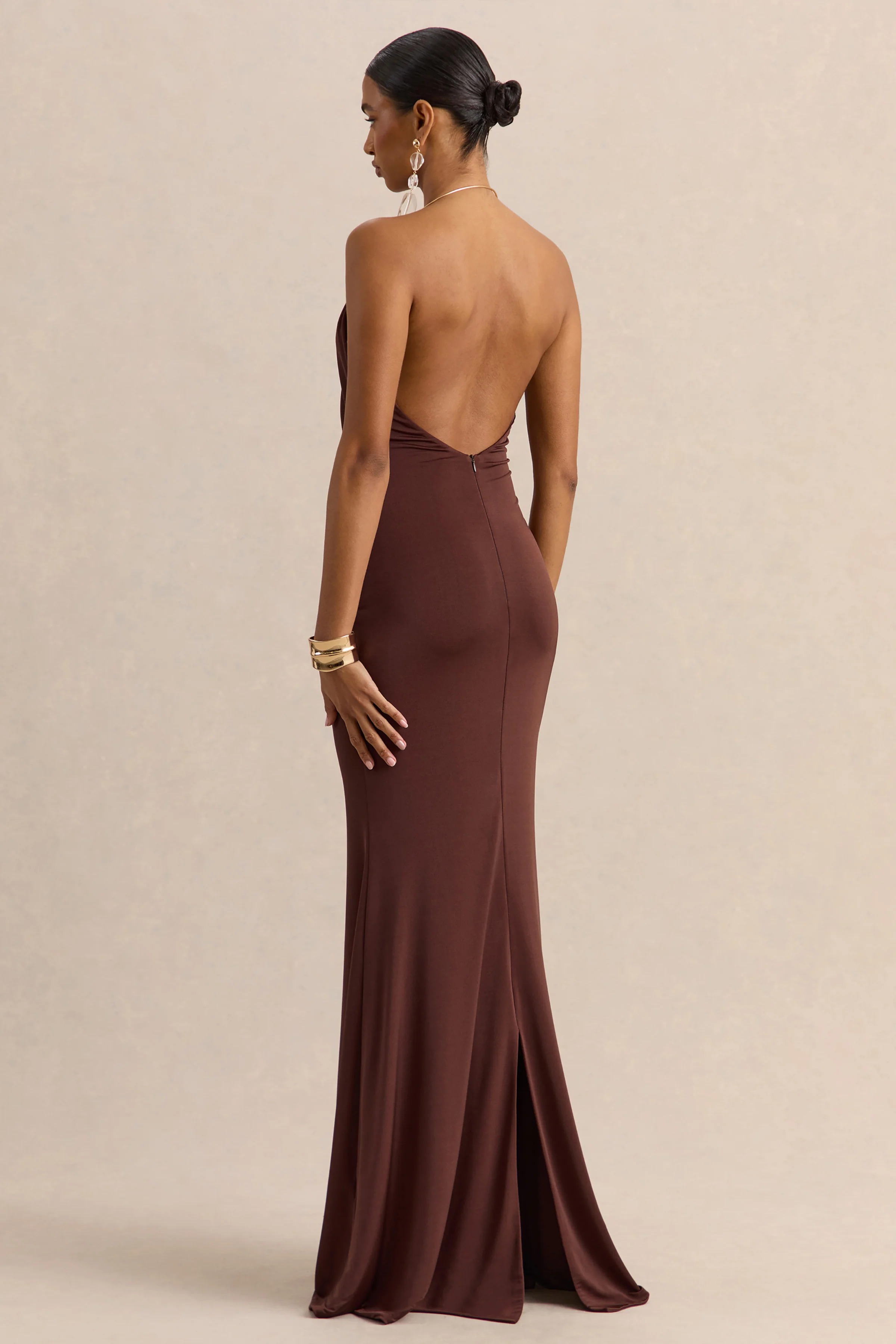 Chanterra | Brown Halter-Neck Maxi Dress With Draped-Detailing