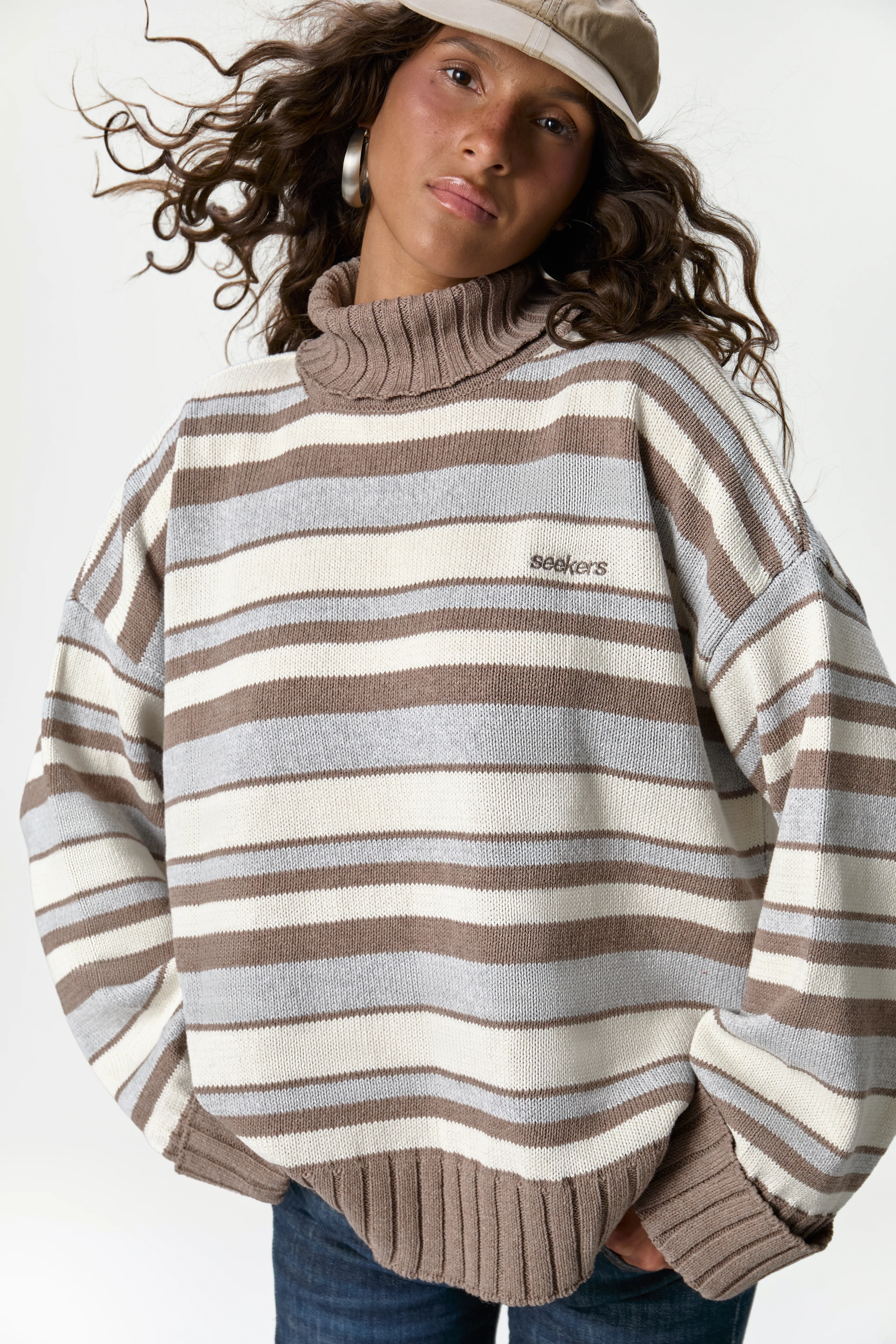 Bella Stripe Roll Neck in Neutral Stripe