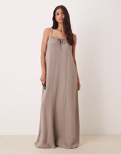 JDY cheesecloth sleeveless tie front maxi dress in brown