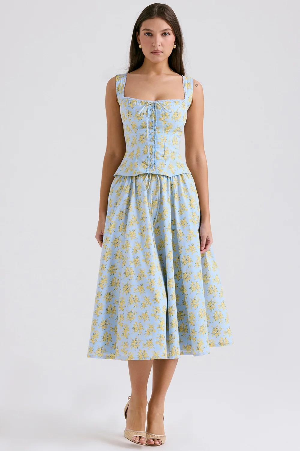 Soft Blue Vintage Floral Print Cotton Midi Skirt