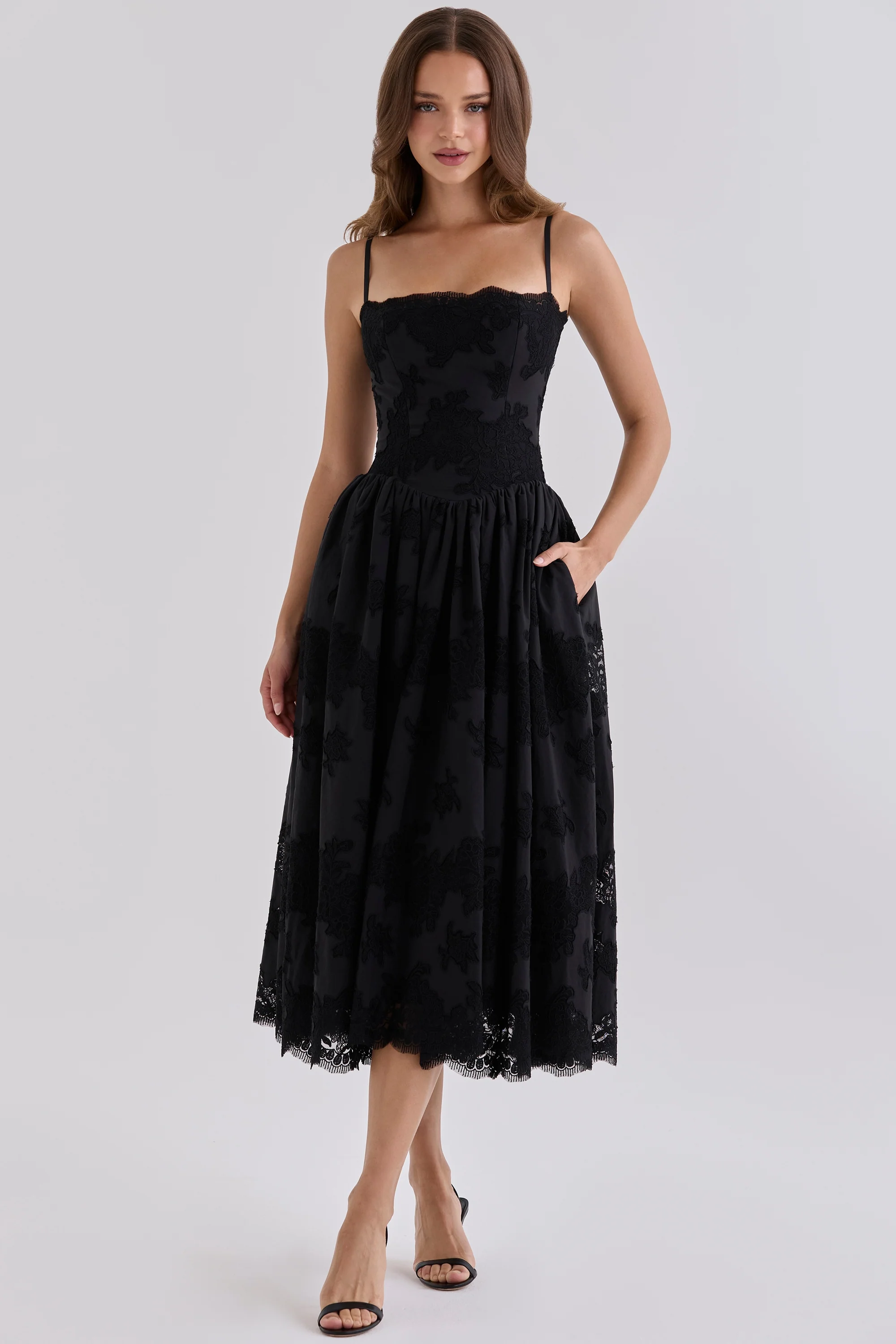 Black Custom Lace + Broderie Anglaise Cotton Midi Sundress