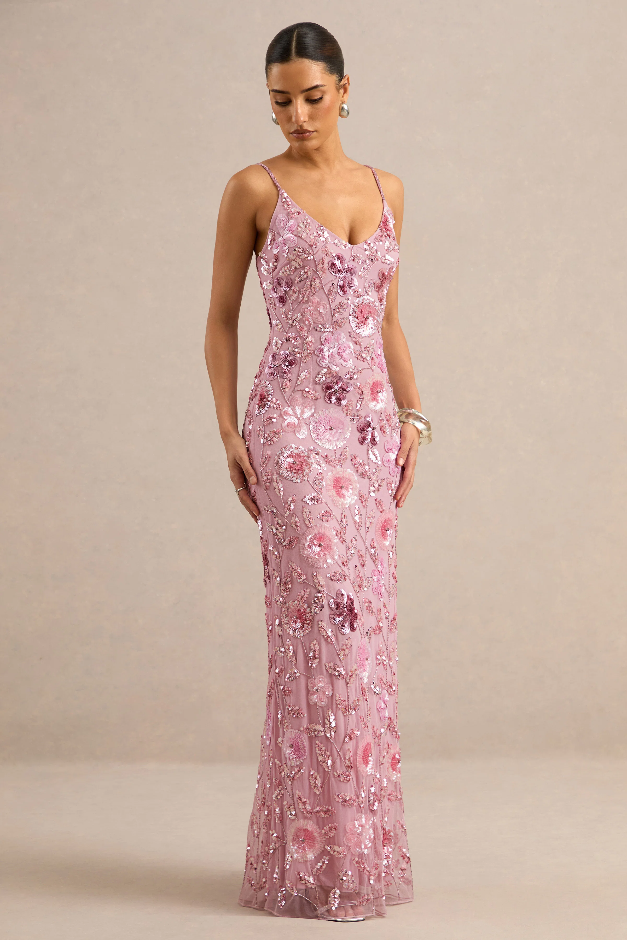 Gemini | Pink Embellished Strappy Maxi Dress - FASHION NOB