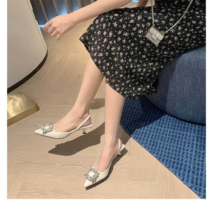 Black Rhinestone Ankle Strap Pointy Mid Heel Sandals 670997112279