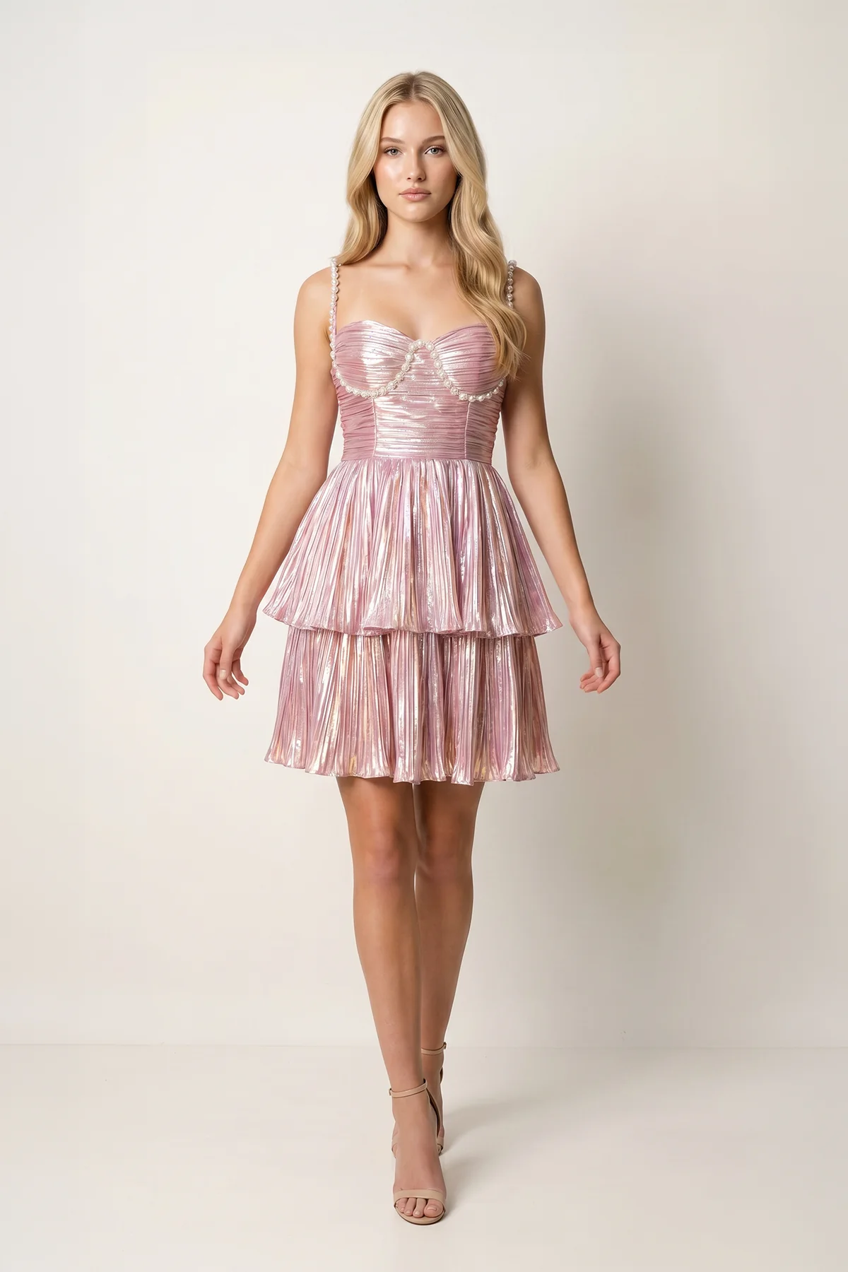 Pink - Spaghetti Straps A Line Metallic Pleated Short Homecoming Dresses With Beading