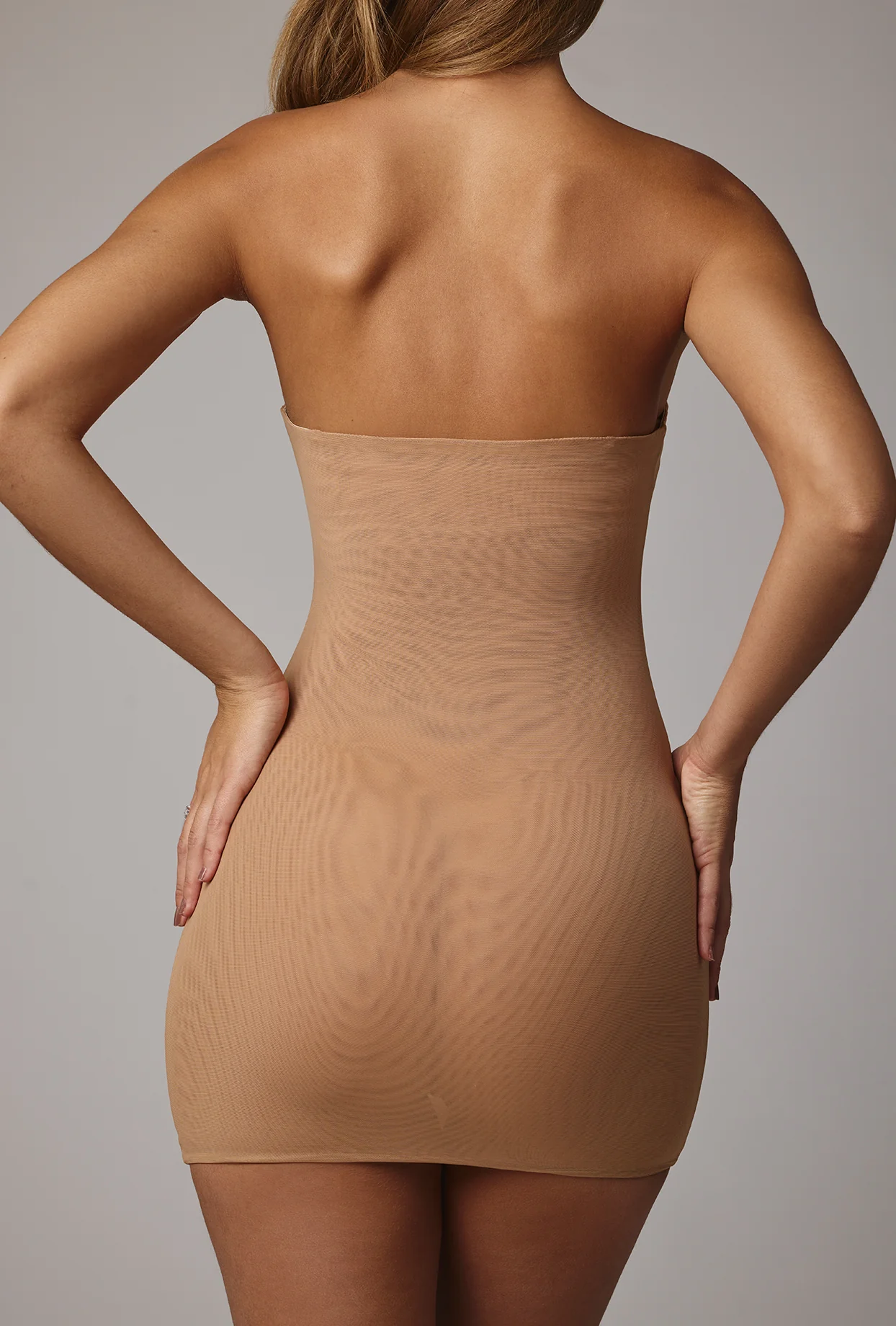 Soft Sheer-Mesh Bandeau Mini Slip Dress in Almond
