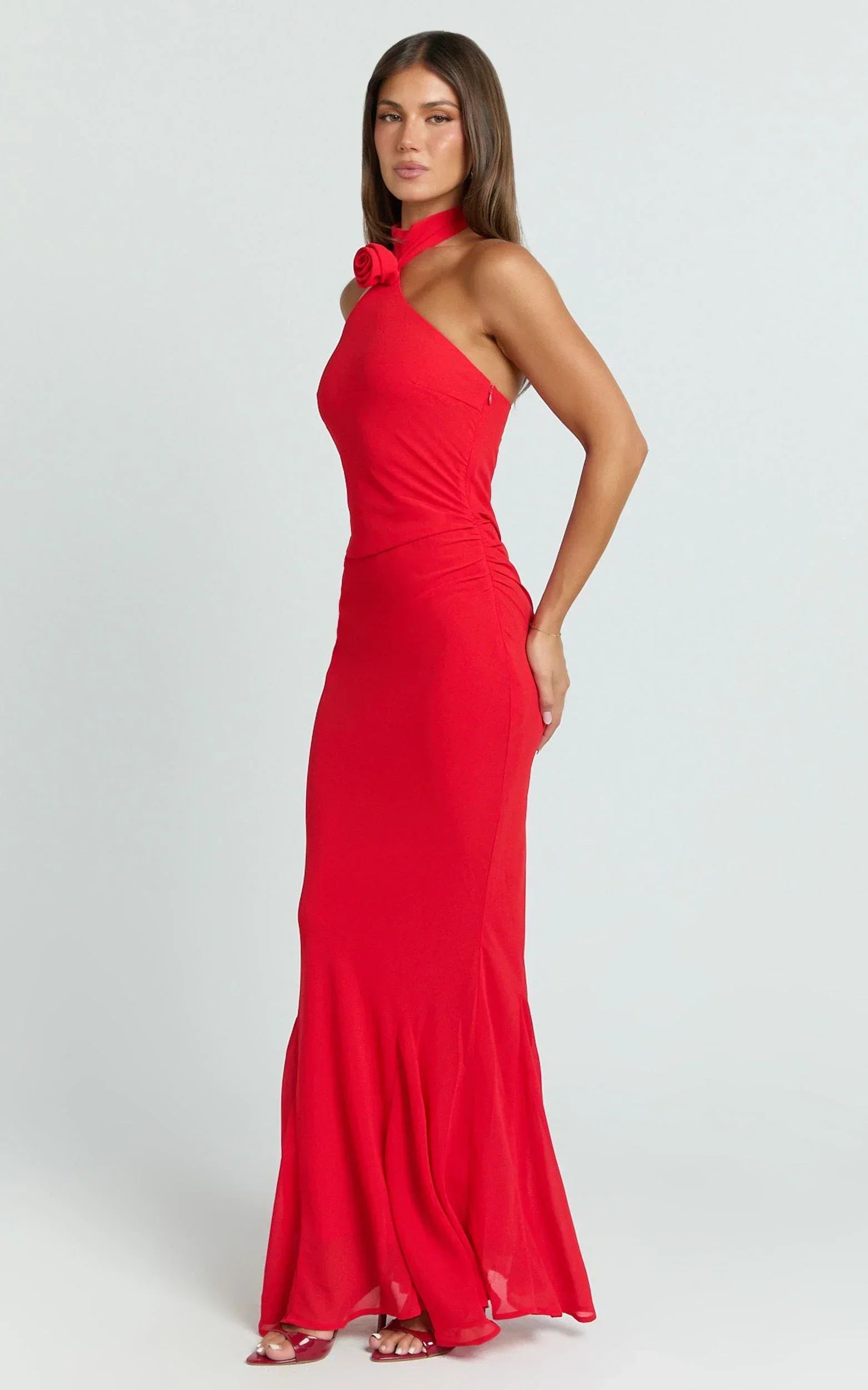 Frederica Maxi Dress - Gathered Halter Neck Godet Dress in Red