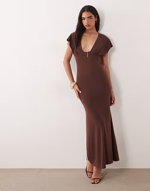 plunge slinky maxi dress in brown