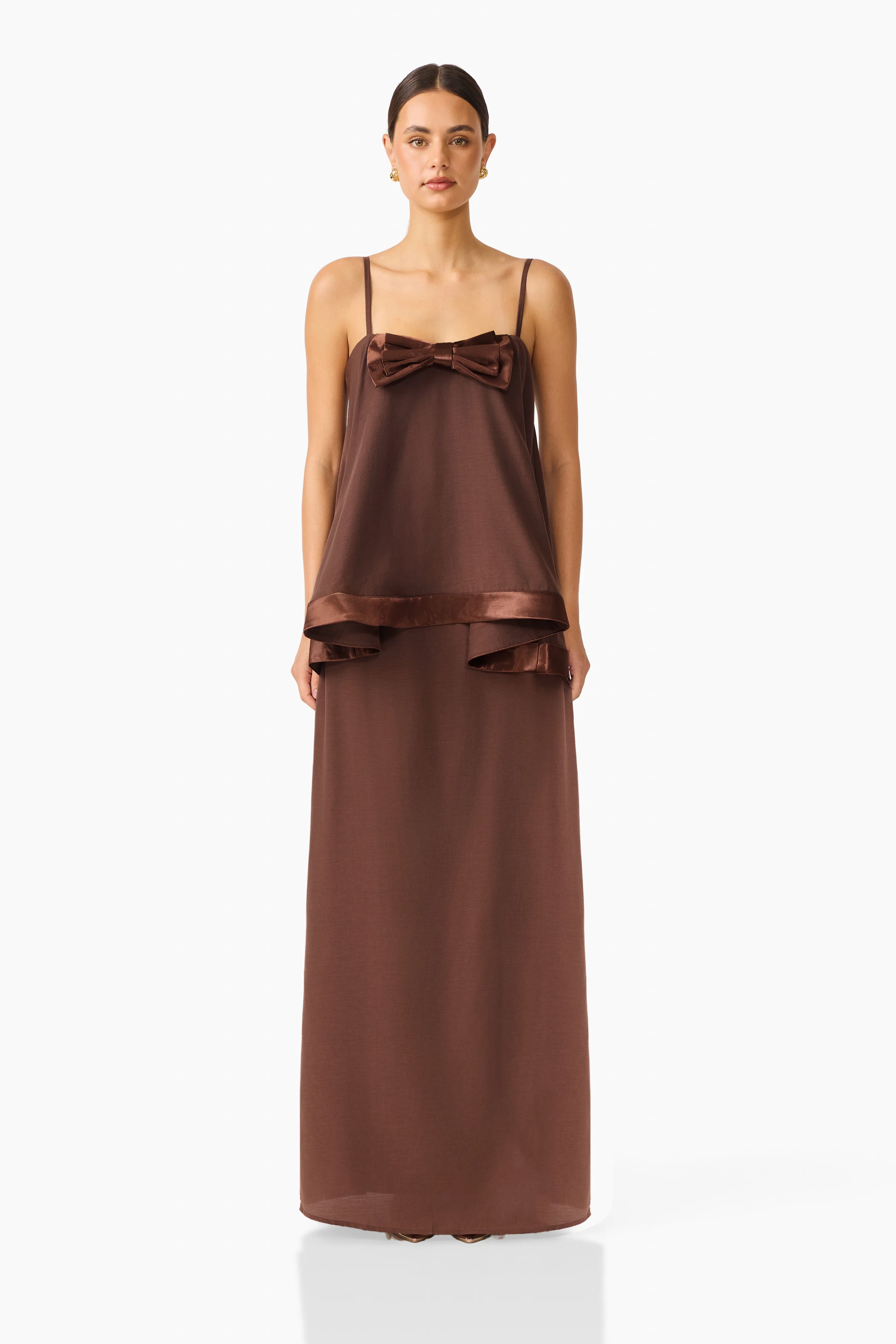 Rosera Satin Bow Maxi Dress in Chocolate Brown