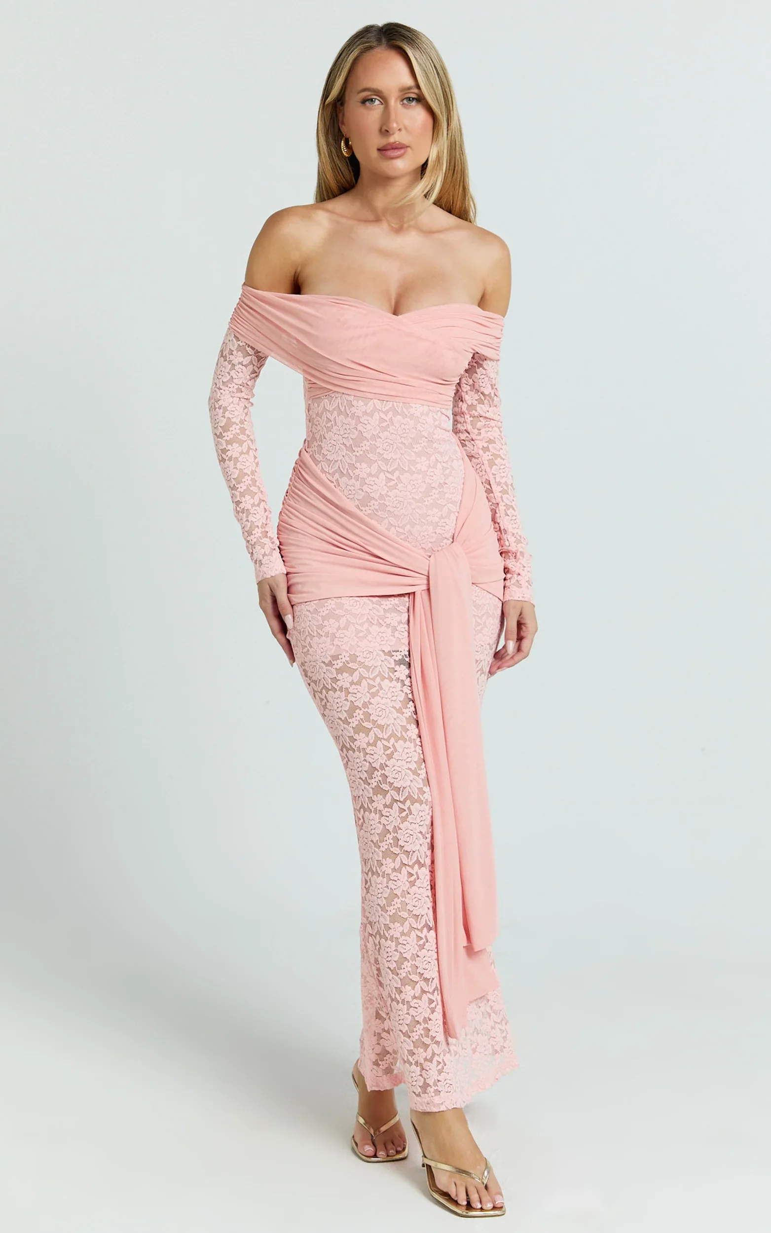 Sandra Midi Dress - Off The Shoulder Sash Bodycon Dress in Pink