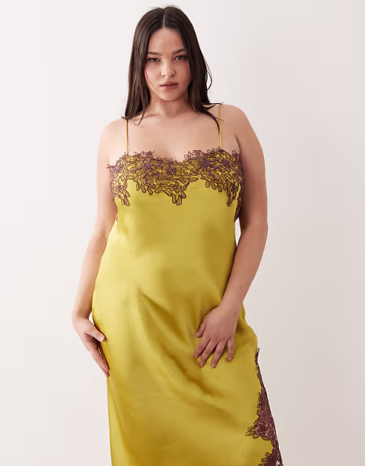 Curve satin lace applique midi dress in bright olive green
