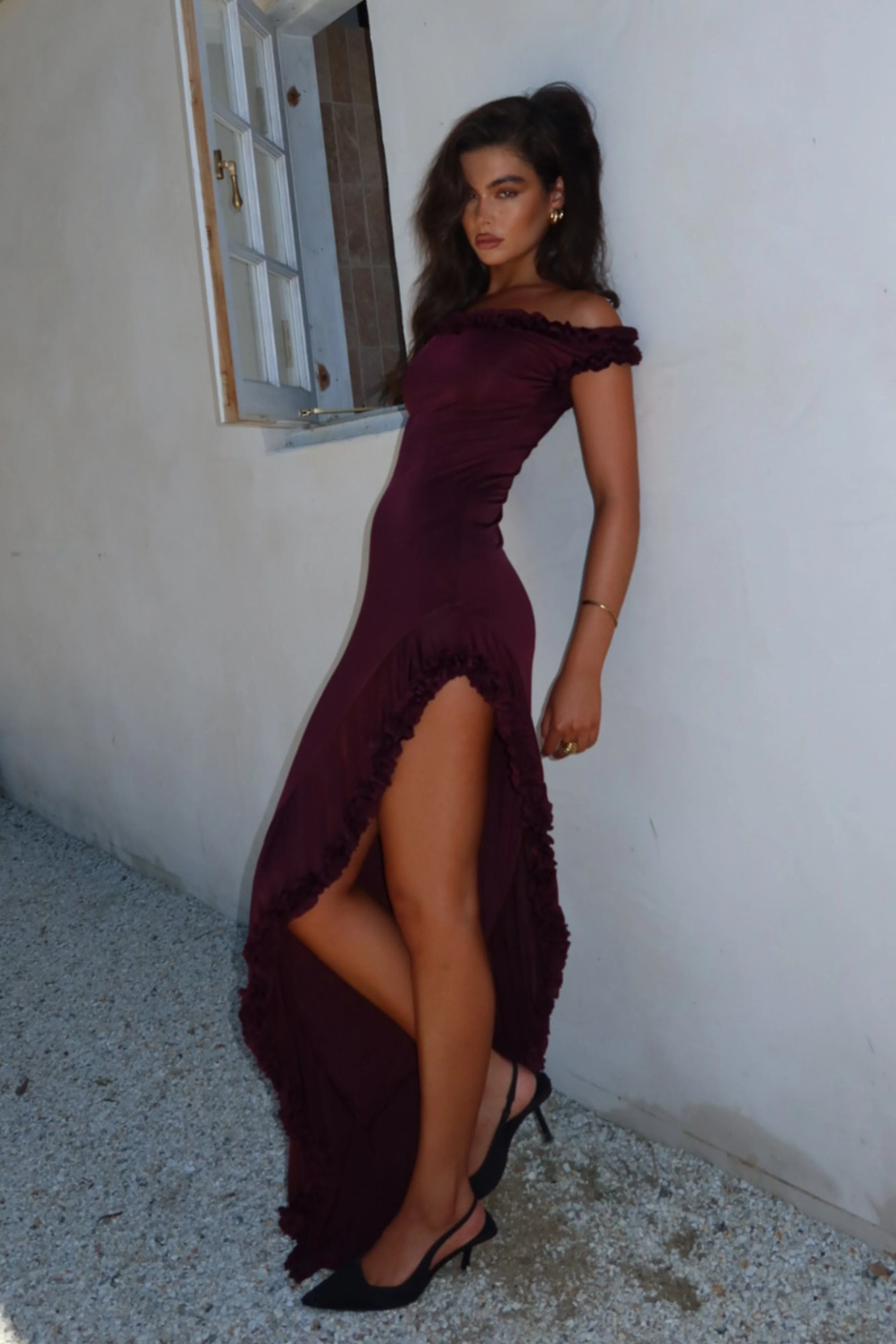 Arielle-Off-Shoulder-Ruffle-Midi-Dress-Plum