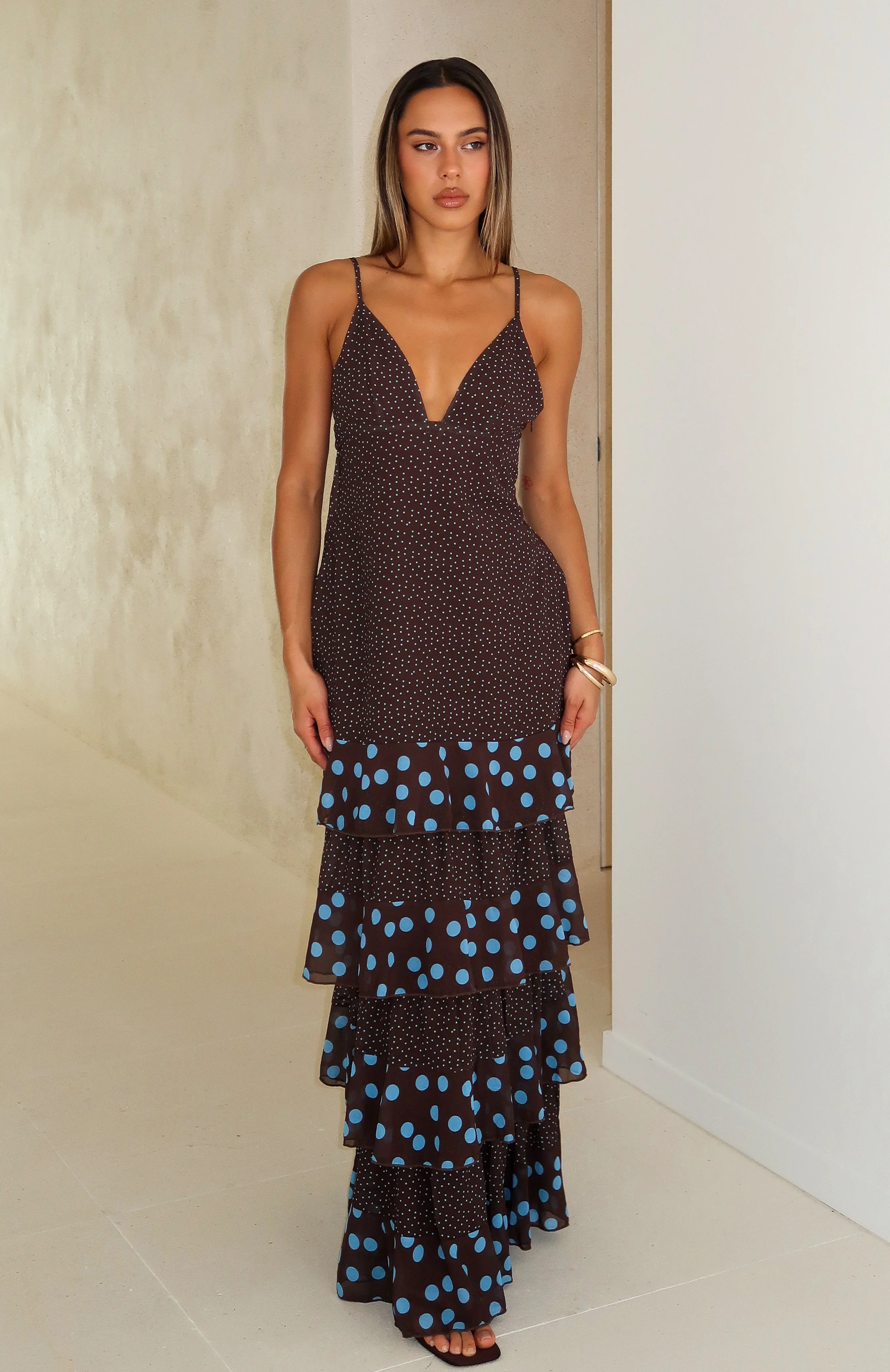 Princess Maxi Dress Chocolate/Blue Polka Dot