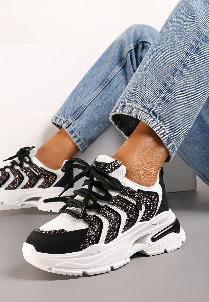 Czarno-Białe Sneakersy na Tłoczonej Platformie z Brokatowymi Wstawkami Nalu