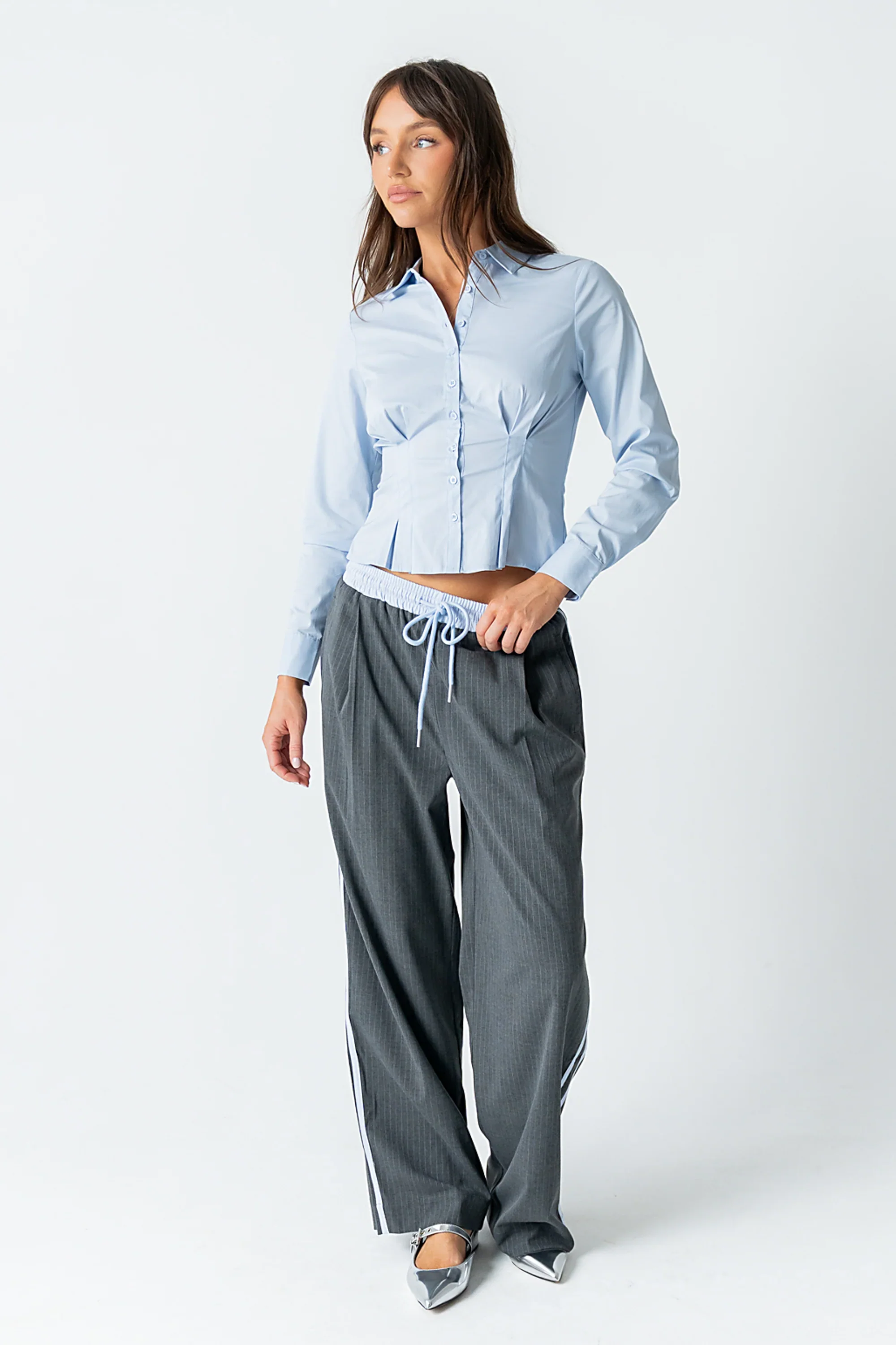 Brecken Pleated Button Up in Light Blue