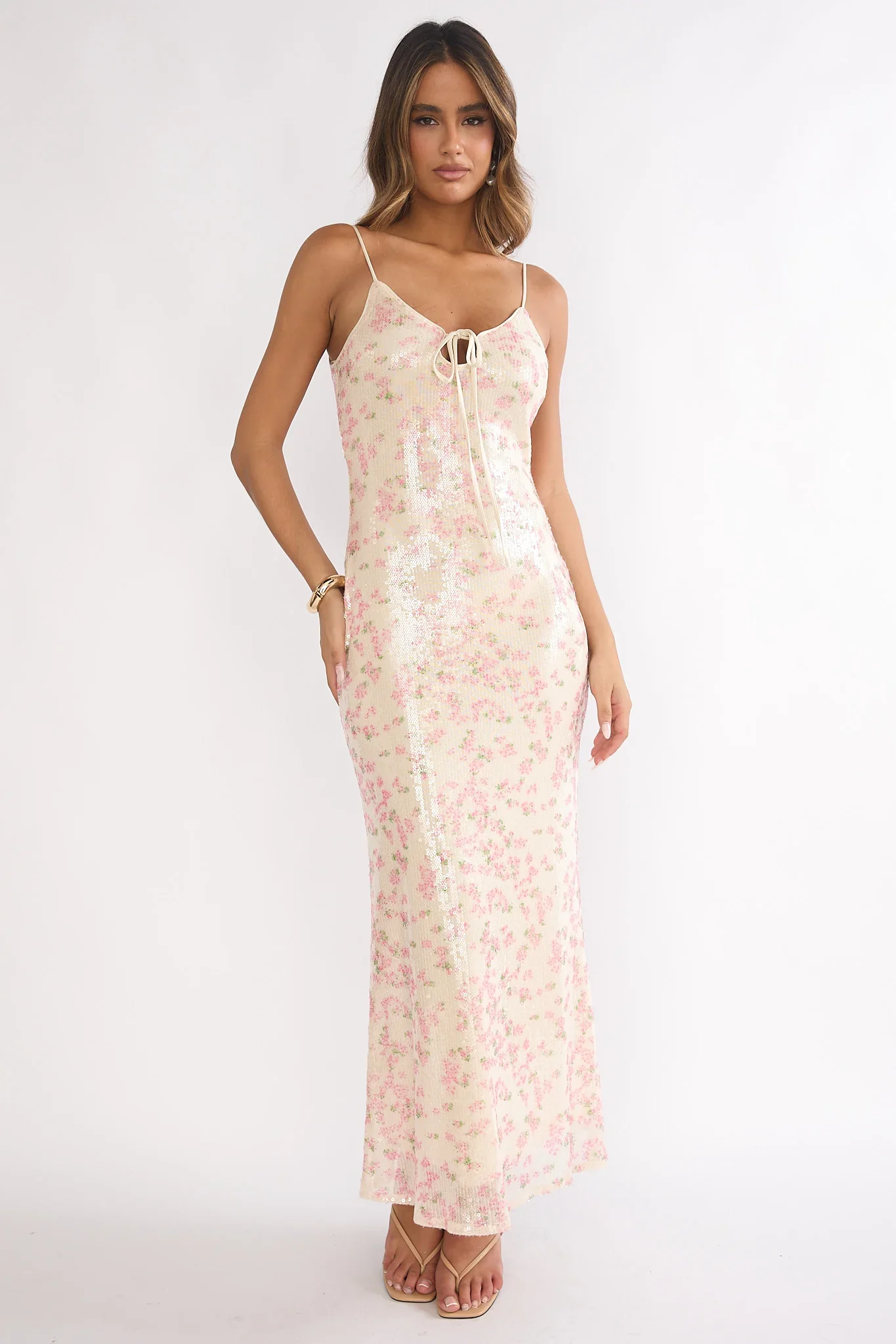 Marielle Bust Tie Sequin Maxi Dress Floral Pink Sage