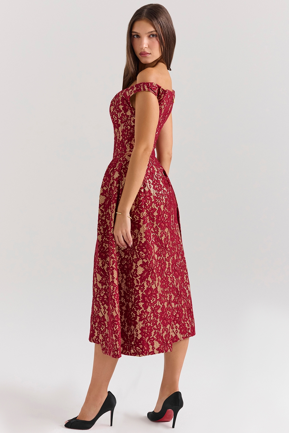 Gold And Berry Lace Midi Off Shoulder Dress