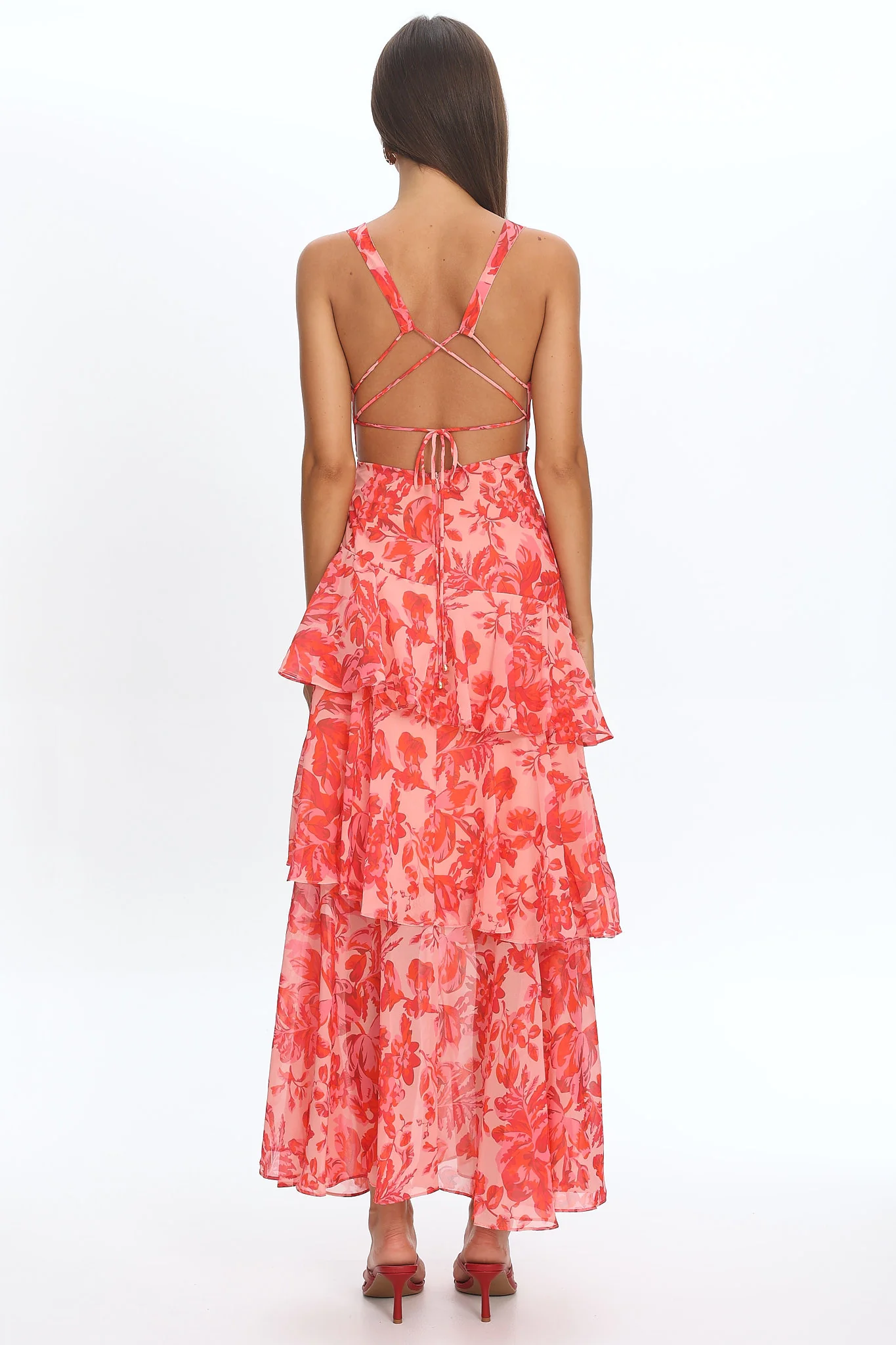 Veda Strappy Back Ruffle Midi Dress Floral Red - luluinthesky