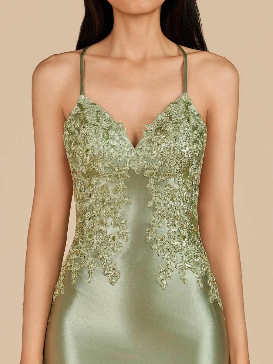 Sage - V Neck Bodycon Satin Sequins Homecoming Dresses With Appliques