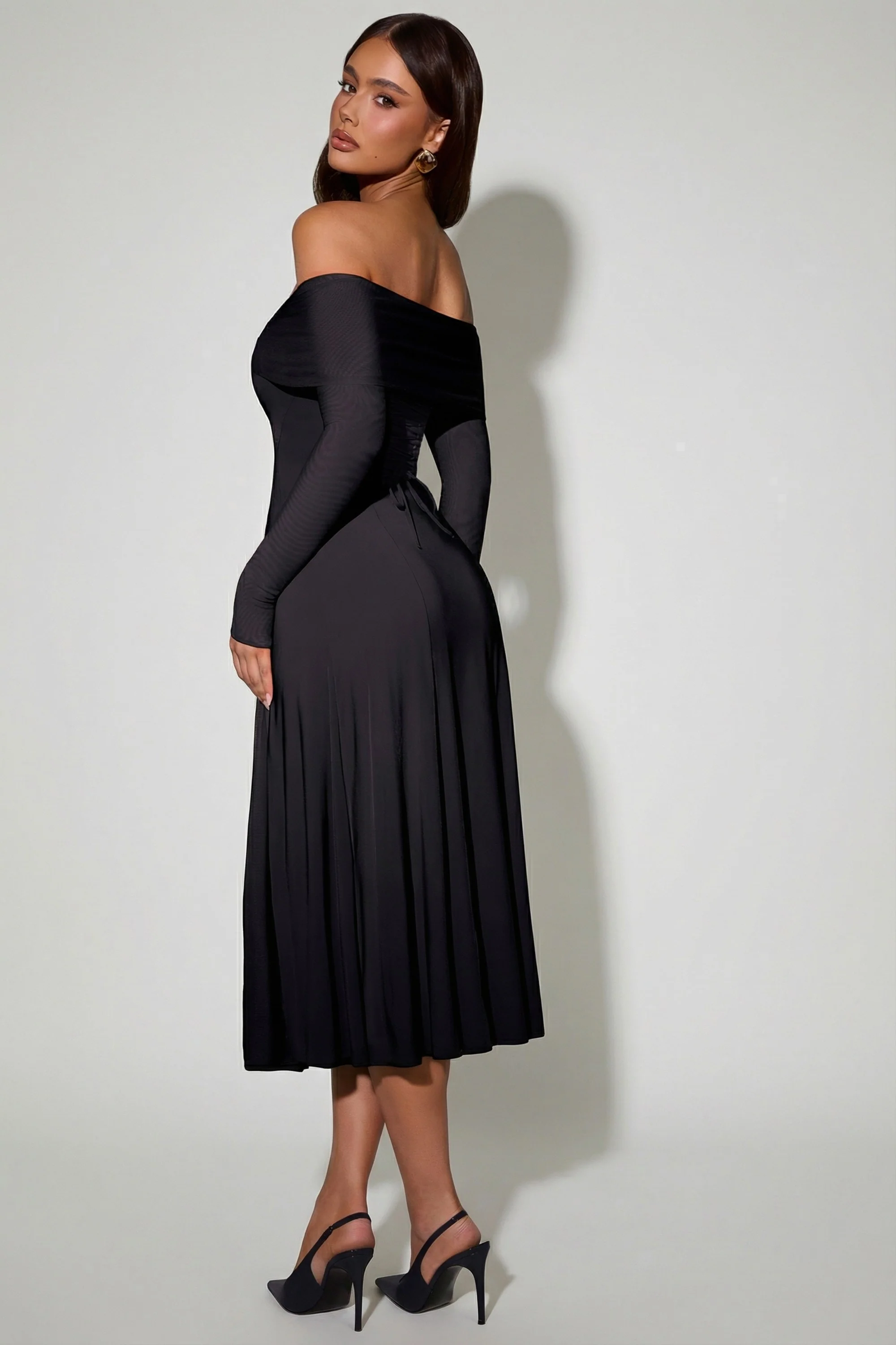 Off-Shoulder Lace-Up A-Line Midaxi Dress in Black