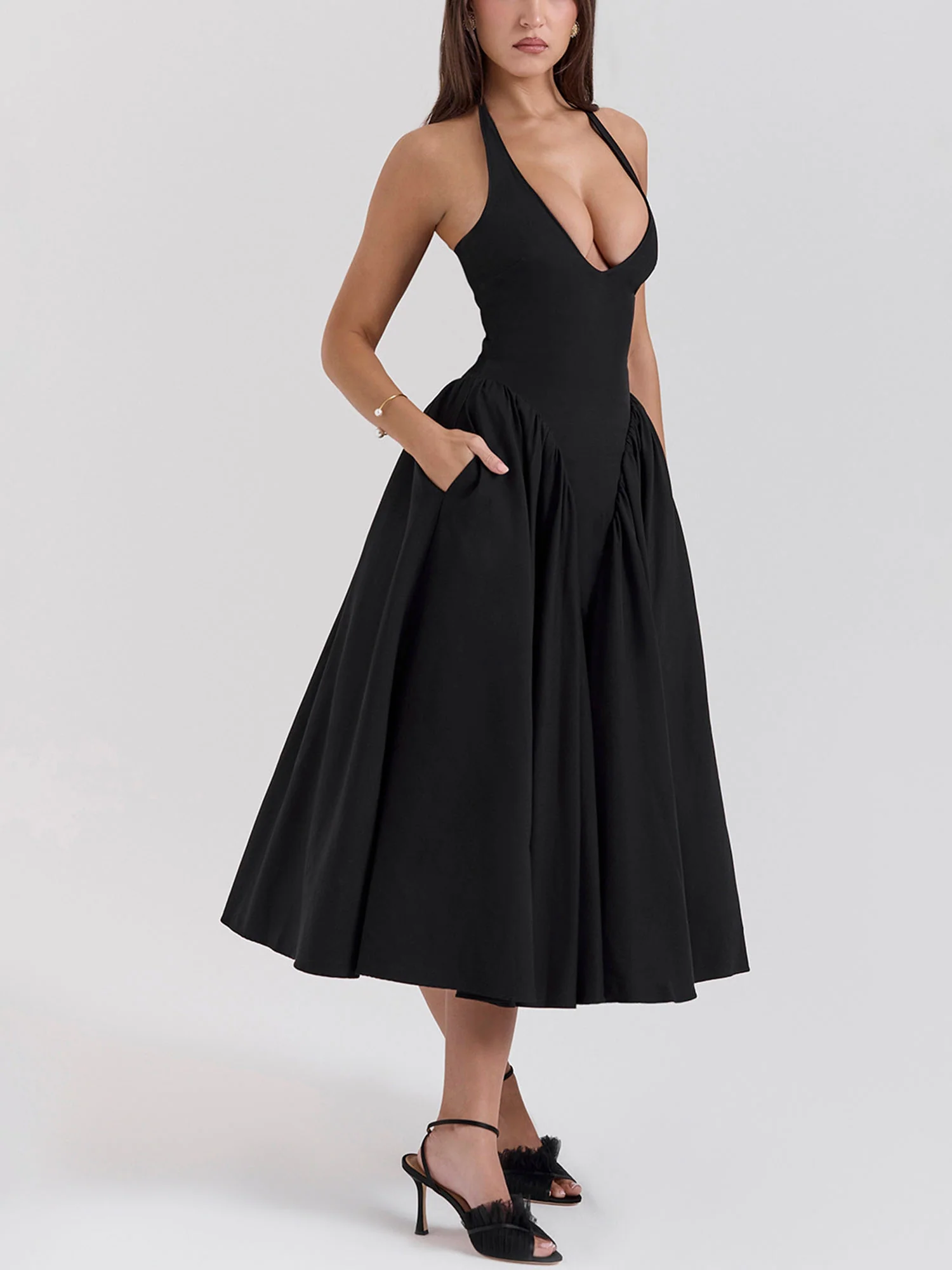 Pleated A-Line Halter Midi Dress