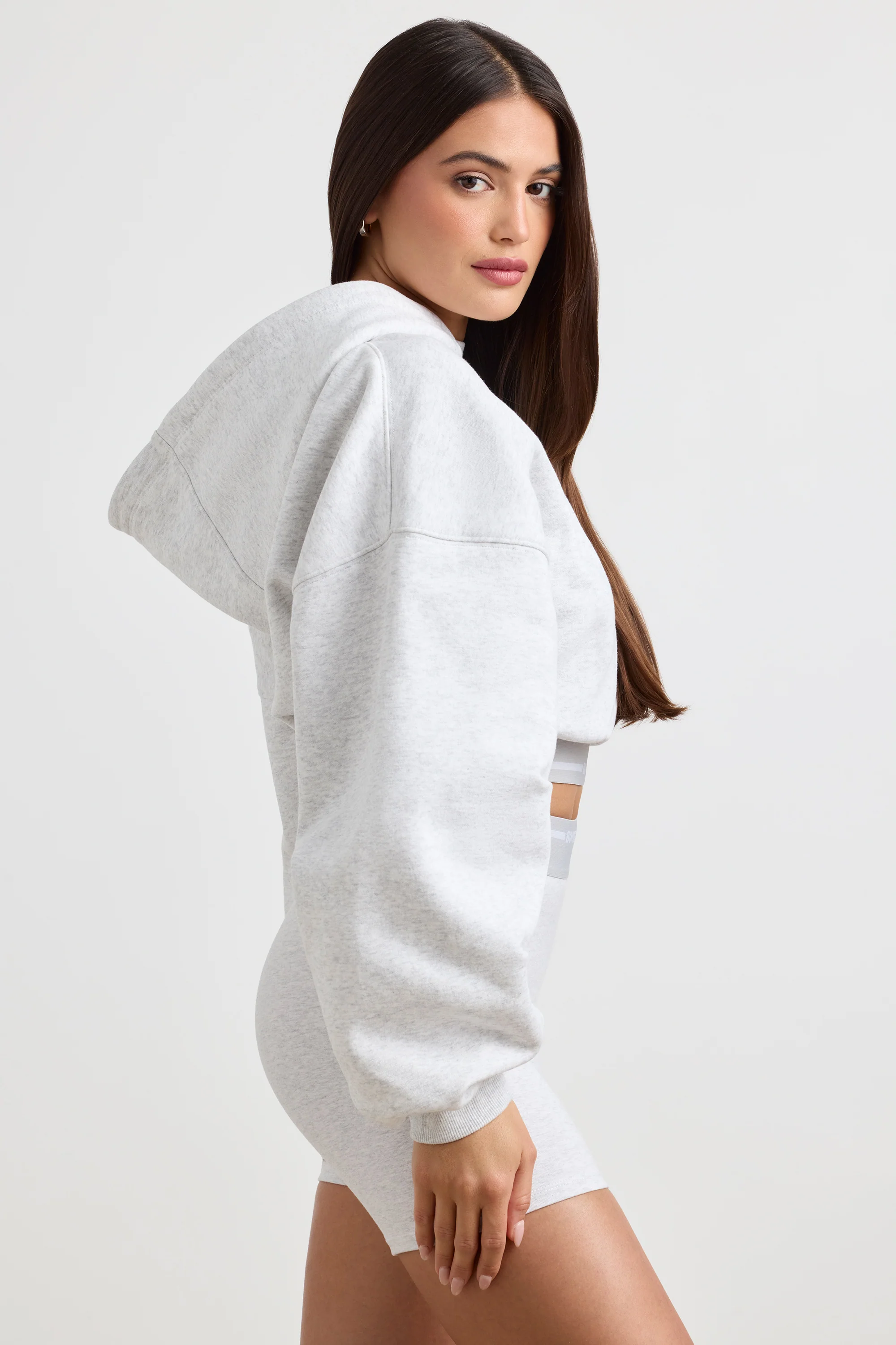 Stretch Cotton Fleece Cropped Hoodie in Grey Marl