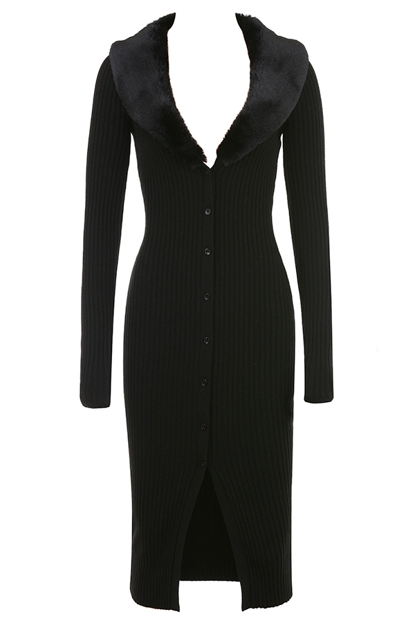 Black Faux Fur Trim Dress