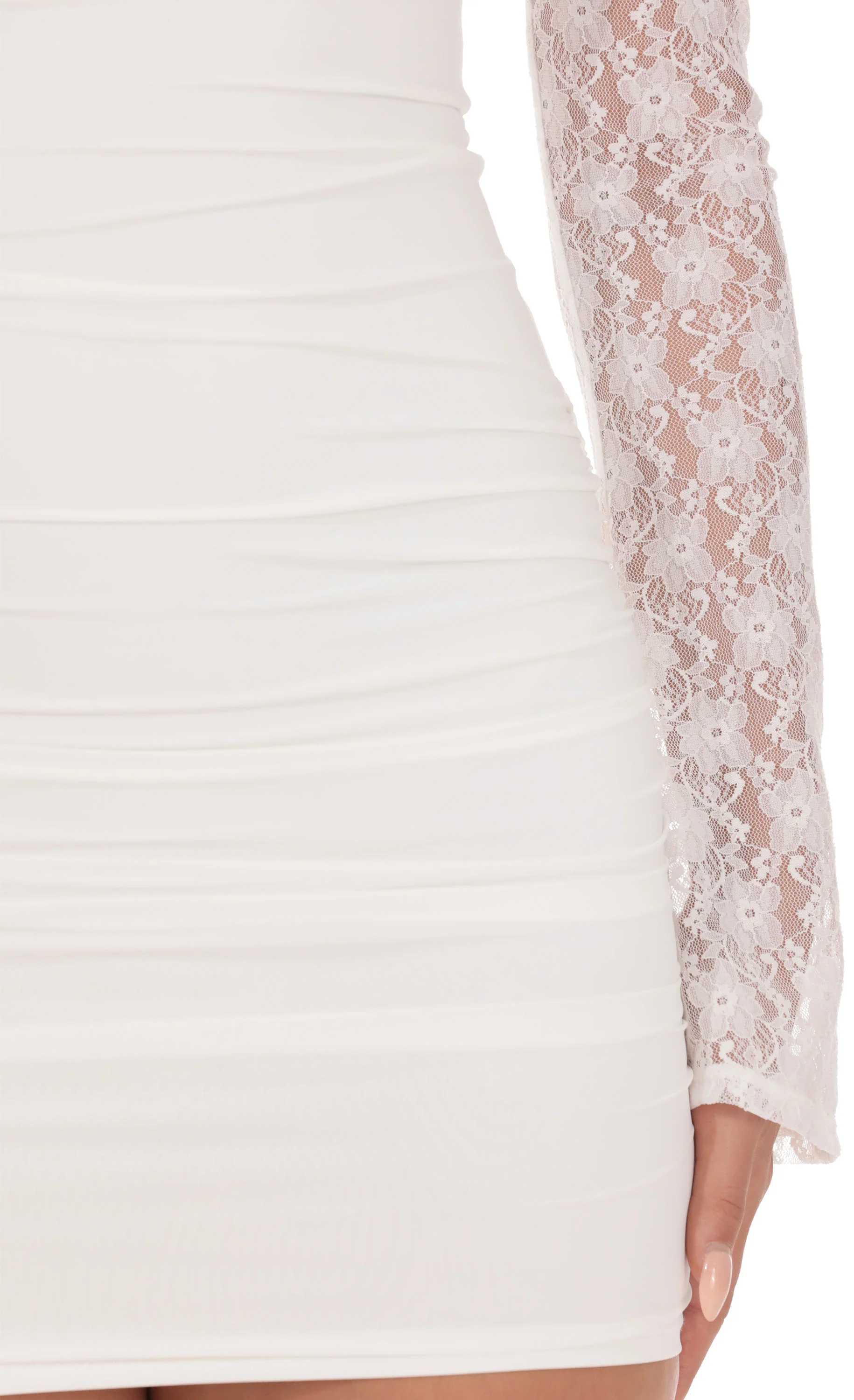 Sheer Lace Ruched Long Sleeve Mini Dress in White