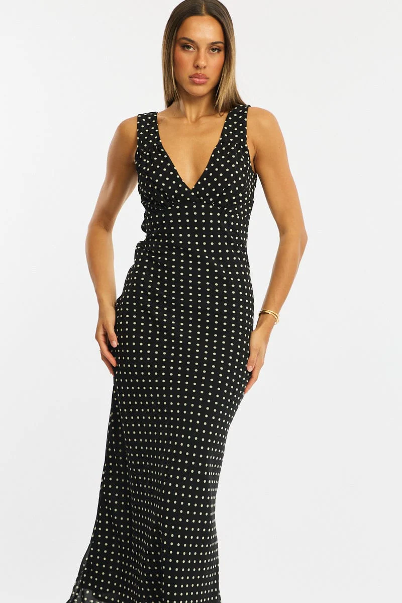 Black Polka Dot Maxi Dress V-neck Chiffon
