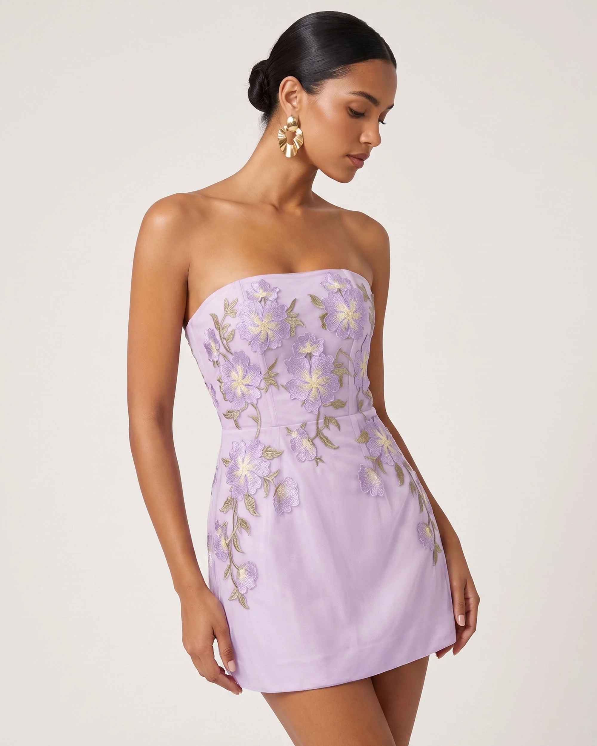 Floral EmbroideredStrapless Corset Mini Dress - Light Purple