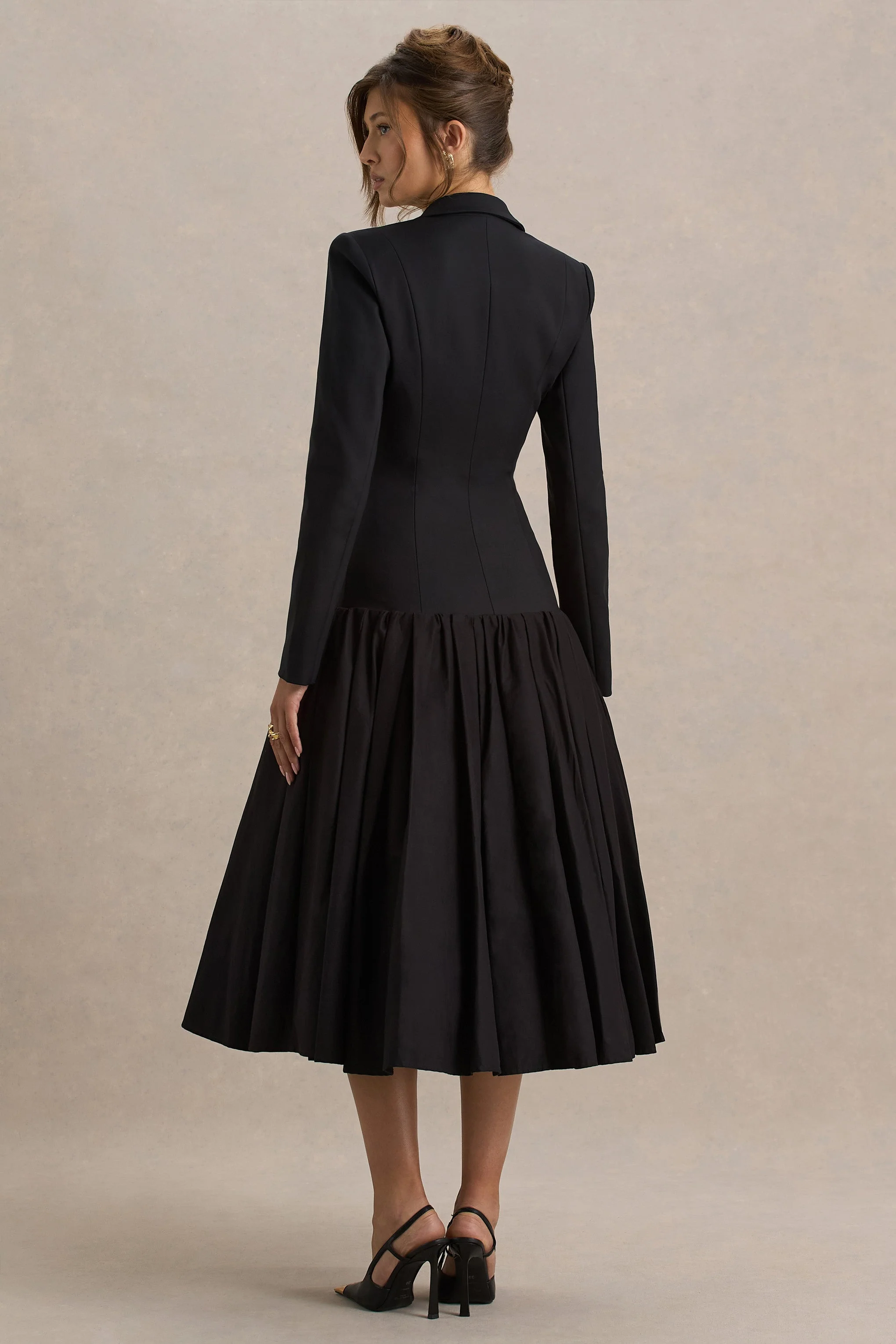 Cosmopolitan | Black Plunge-Neck Tailored Midi Dress With Pleated Hem