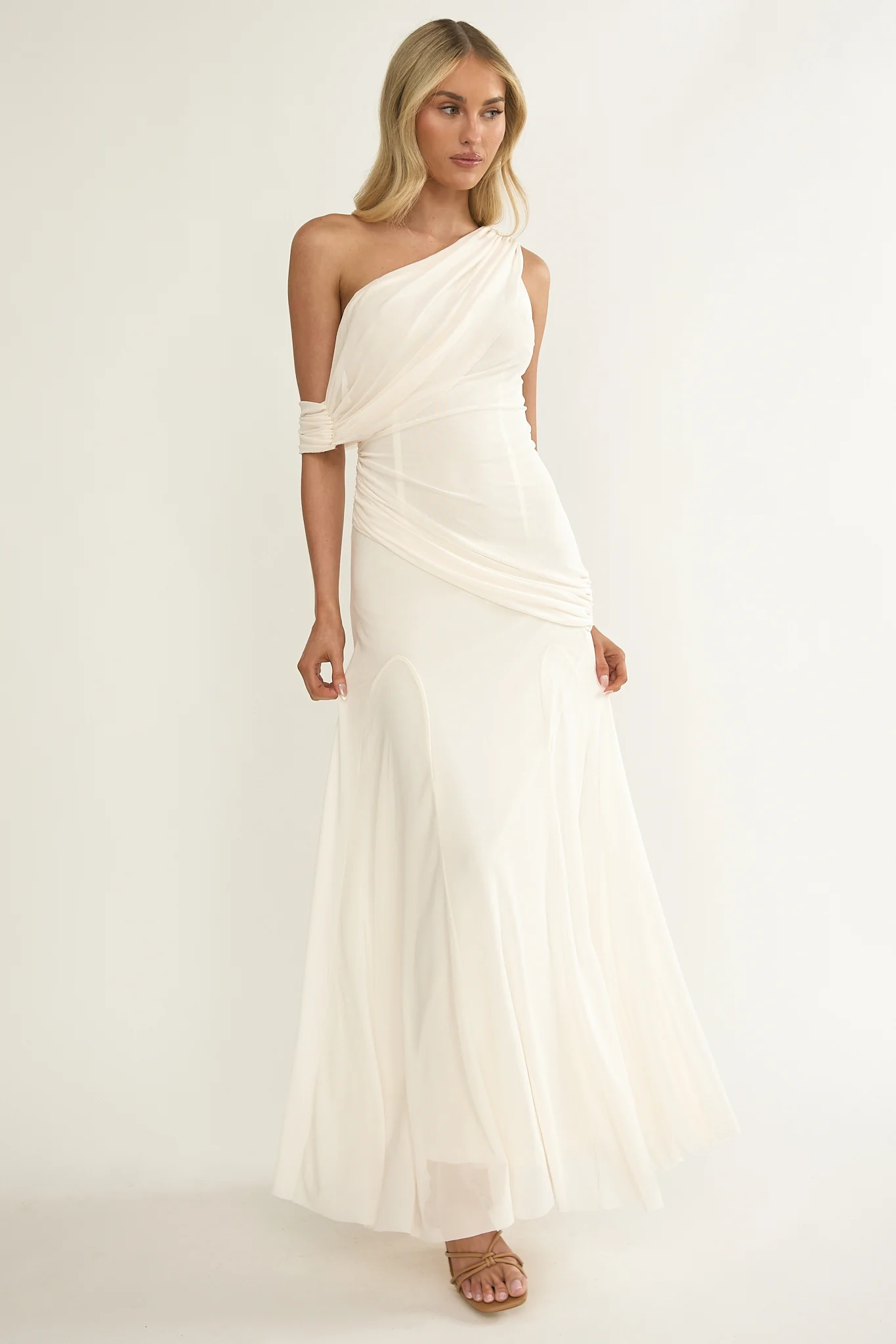 Anaisa Asymmetric Neckline Draped Maxi Dress Oyster