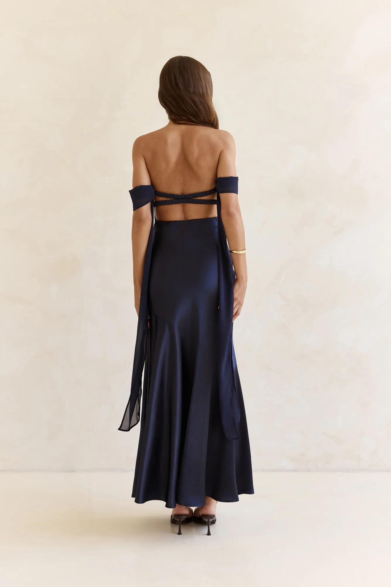 Late Night Dreams Off Shoulder Satin Maxi Dress Navy - luluinthesky