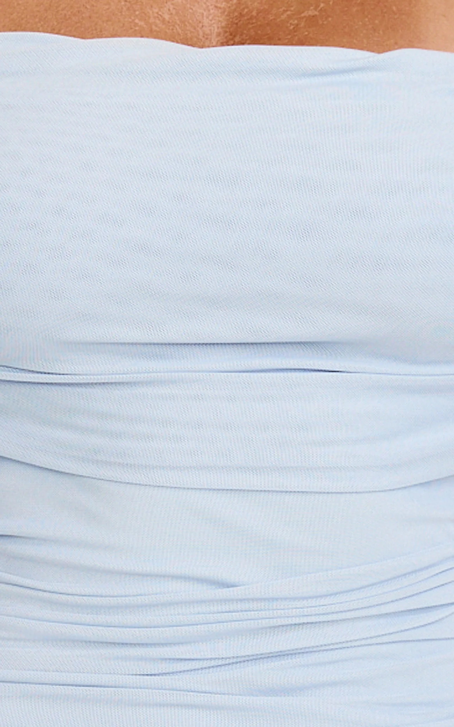 Caterina Maxi - Ruched Off Shoulder Mesh Dress in Pale Blue