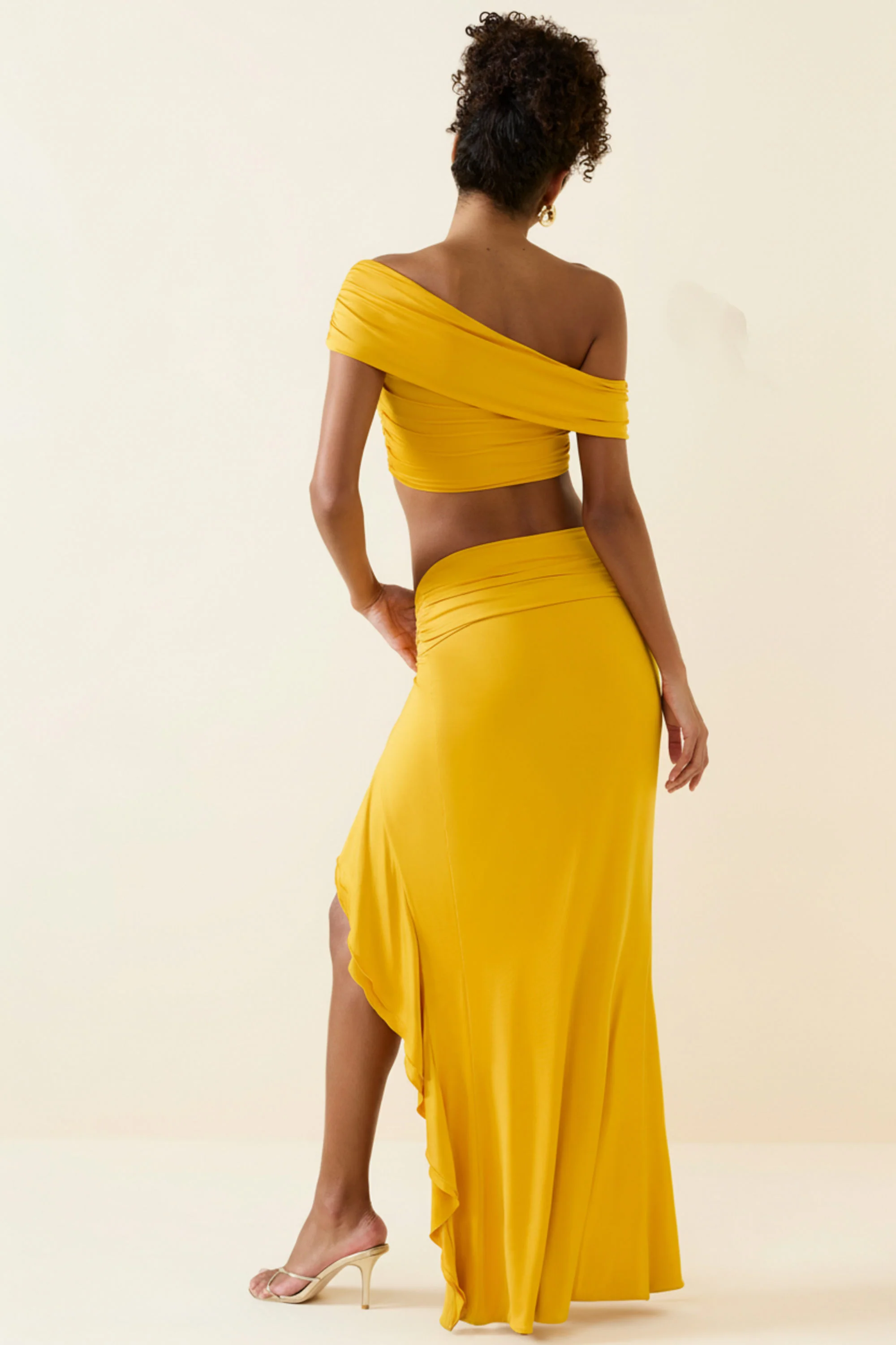 Asymmetric Ruffled Low-Rise Maxi Skirt in Golden Yellow