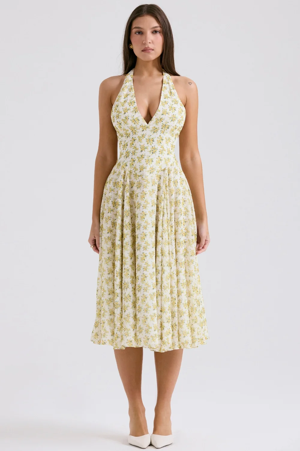 Ivory Vintage Floral Print Georgette Halter Sundress